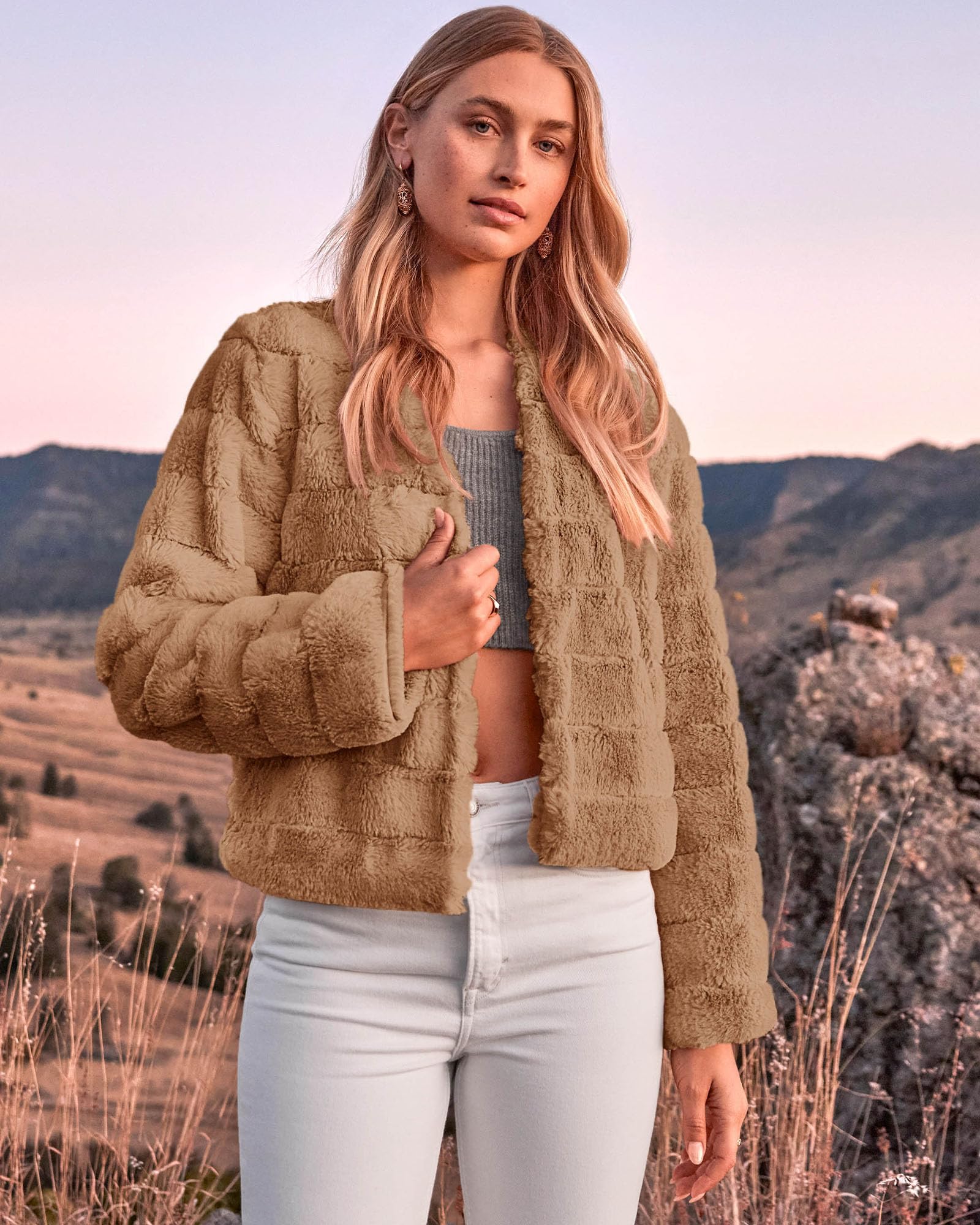 FreshPretty Winter Coats For Women Faux Fur Jacket Soft Long Sleeve Fluffy Open Front Outerwear Fall Outfits