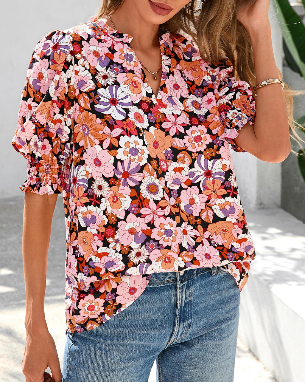 FreshPretty Summer Blouses for Women Dressy Casual  Fashion Spring Tops Floral Boho V Neck Puff Short Sleeve Top Shirts