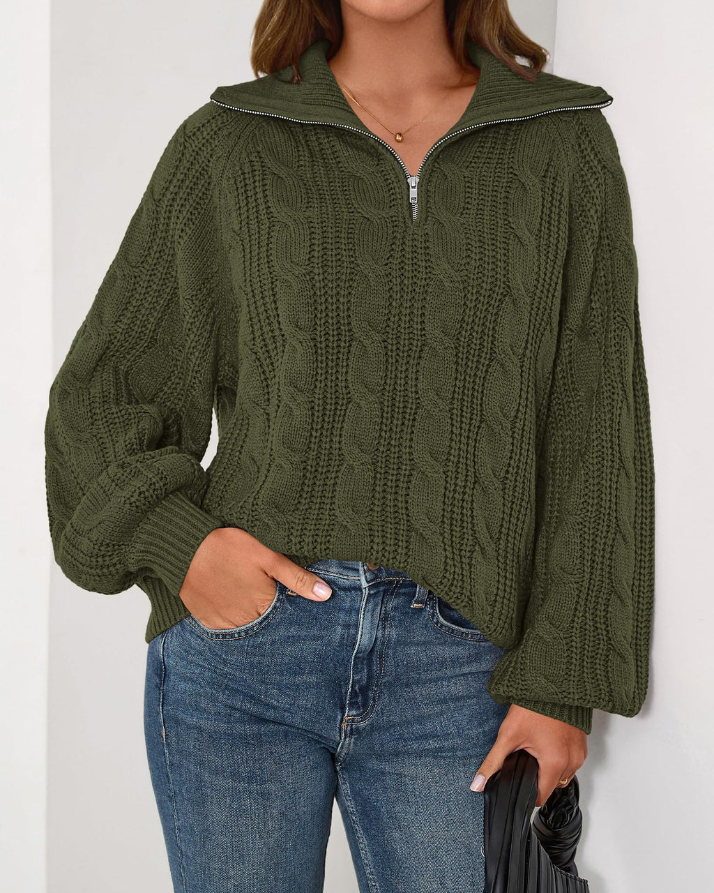 BTFBM Sweaters for Women Fall Fashion Loose Quarter Zip Pullover Collared Long Sleeve Cable Knit Winter Clothes