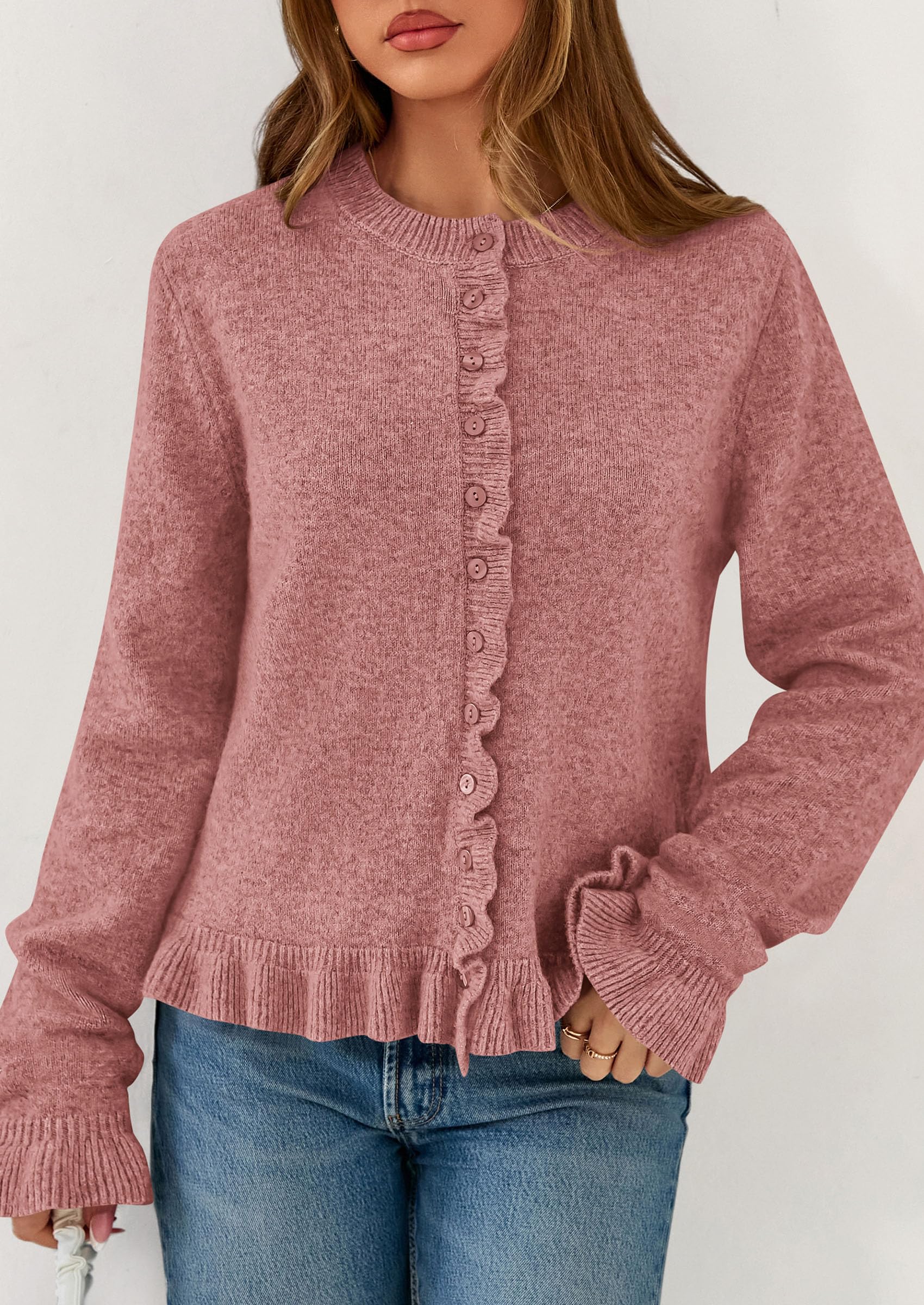 PRETTYGARDEN Womens Fall Button Down Cardigans Chunky Knit Ruffle Open Front Cropped Cardigan Sweaters Soft Long Sleeve Tops