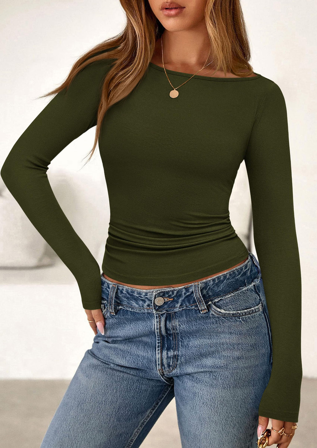 PRETTYGARDEN Long Sleeve Shirts for Women Fall Boat Neck Ribbed Knit Ruched Fitted Going Out Tops Casual Basic Tees