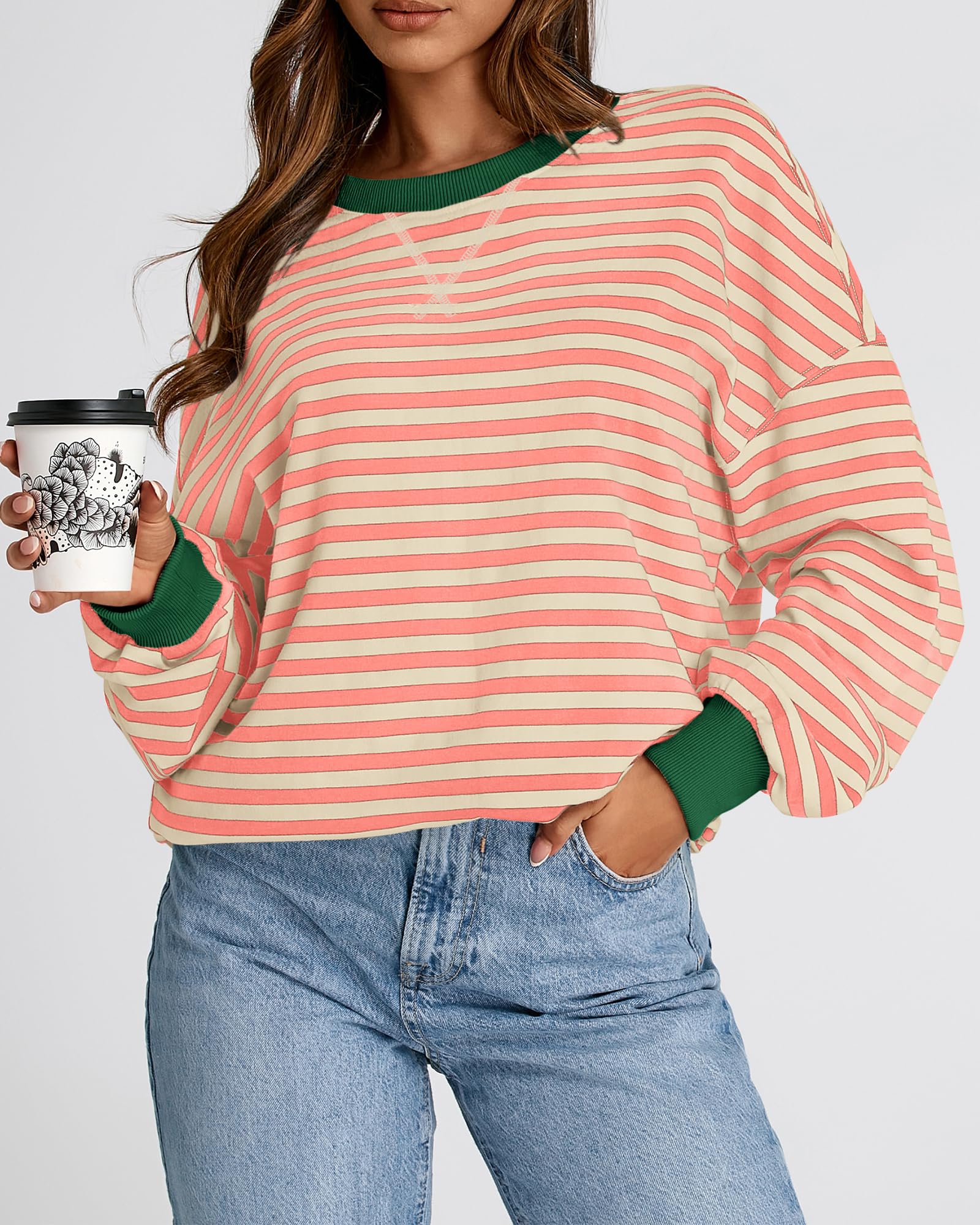 BTFBM Sweatshirt For Women Summer Crewneck Long Sleeve Oversized Striped Pullover Tops Y2K Clothes Workout Shirt