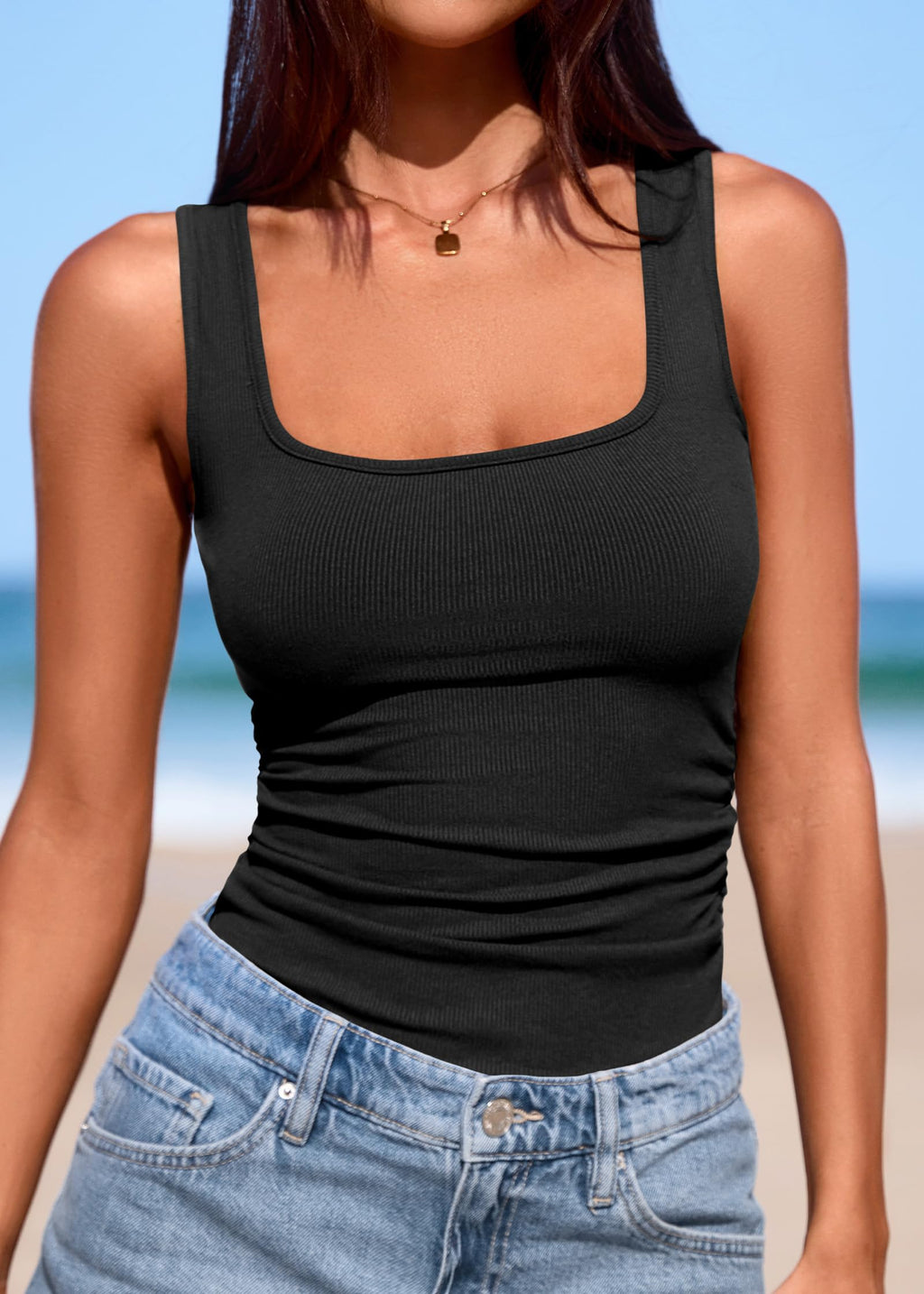 FreshPretty Tank Tops for Women Casual Square Neck Summer Outfits Ribbed Fitted Camisole Shirt Sleeveless Workout Clothes