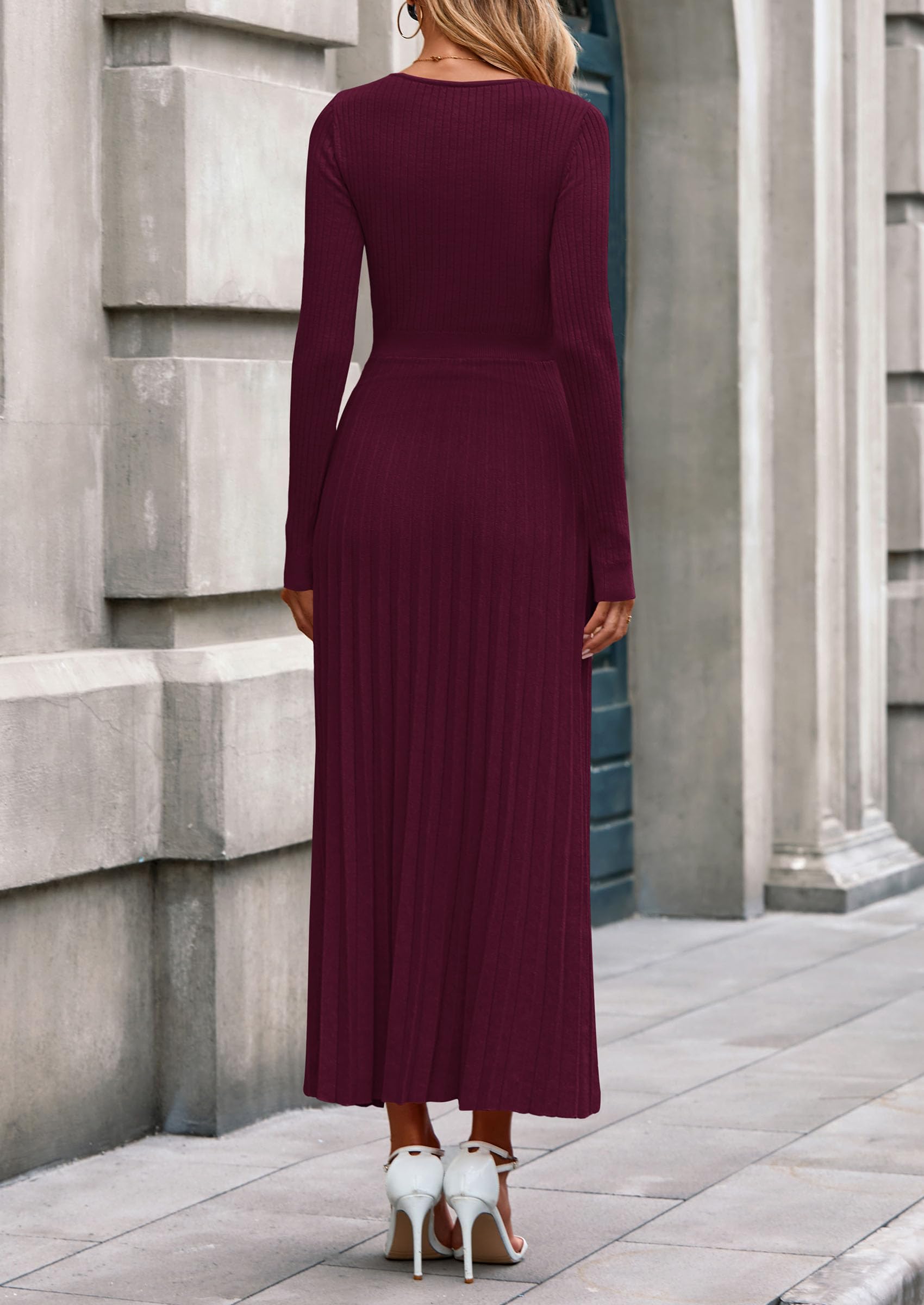 PRETTYGARDEN Women Sweater Dress Fall Fashion Long Sleeve V Neck Ribbed Knit Pleated A Line Elegant Maxi Winter Dresses