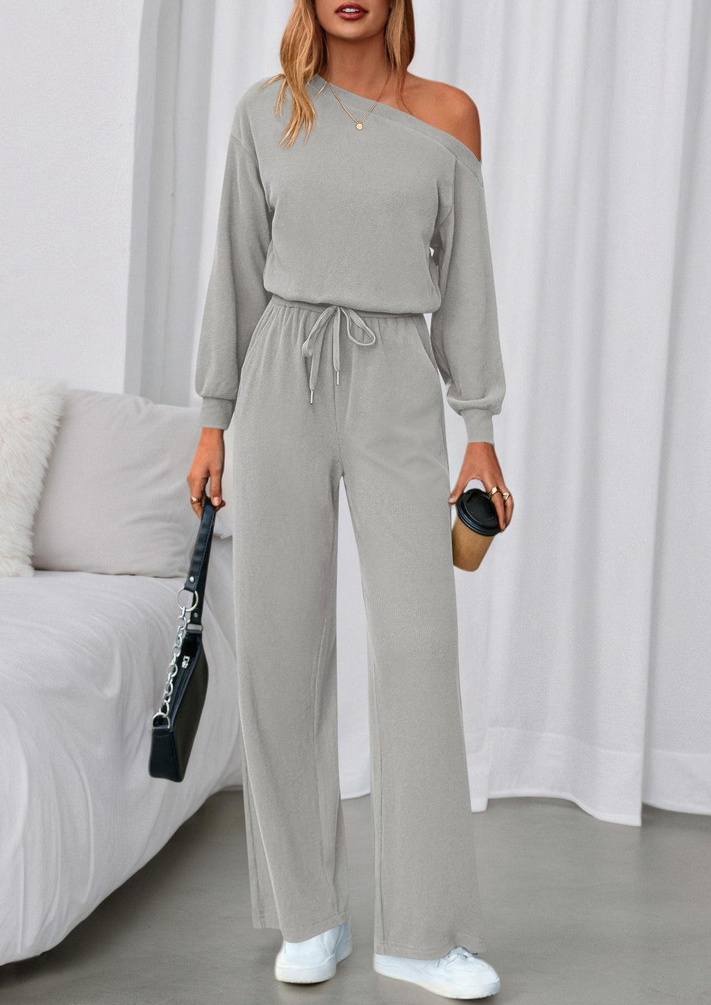 PRETTYGARDEN Long Sleeve Jumpsuit For Women Dressy Off Shoulder One Piece Loose Wide Leg Jumpsuits Casual Flowy Romper
