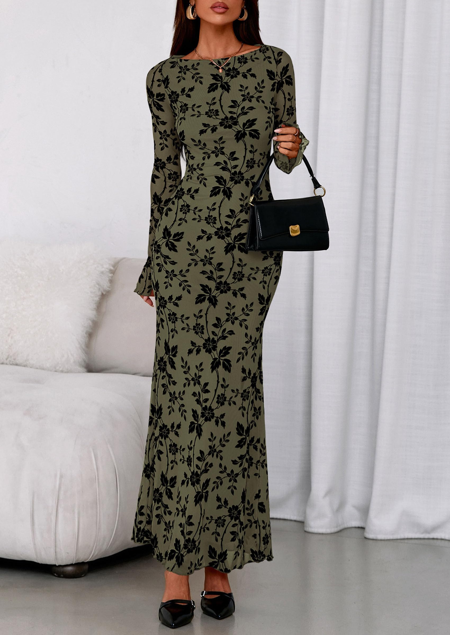 PRETTYGARDEN Women's Floral Bodycon Maxi Dress Fall Elegant Mesh Long Sleeve Formal Wedding Guest Cocktail Dresses