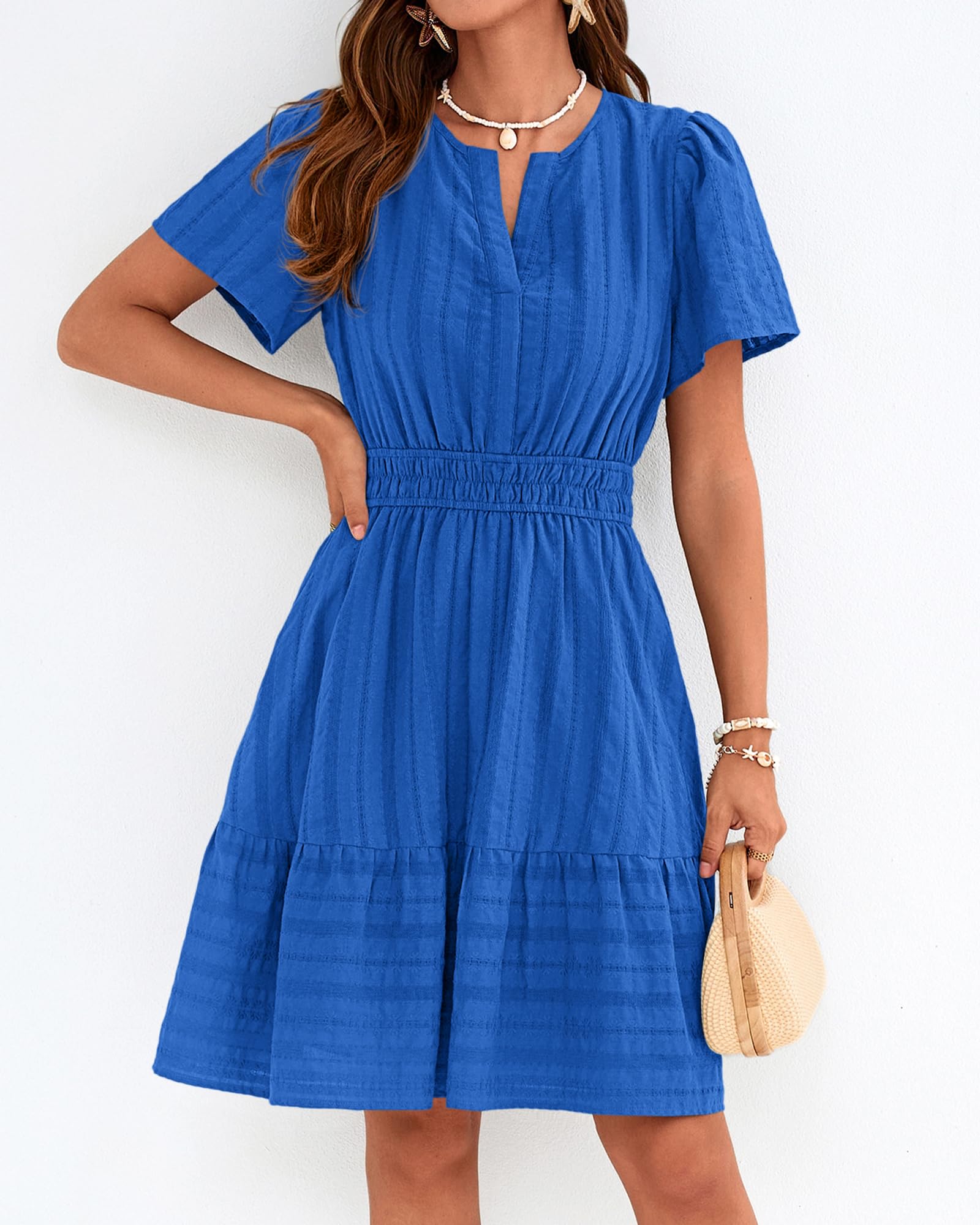 BTFBM Womens Spring  Casual Mini Dresses Lightweight Short Sleeve V Neck Elastic Waist Cute Boho Beach Dress Pockets