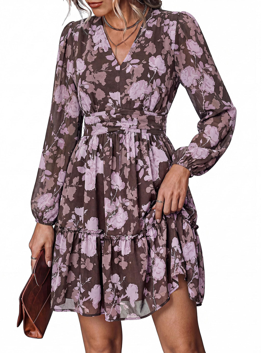 PRETTYGARDEN Women Floral Long Sleeve Mini Dress | Fall Wedding Guest Dresses, V Neck, Fit & Flare, Ruffle Hem A-Line, Short Chiffon Dress, Elegant Holiday Party, Date Outfits