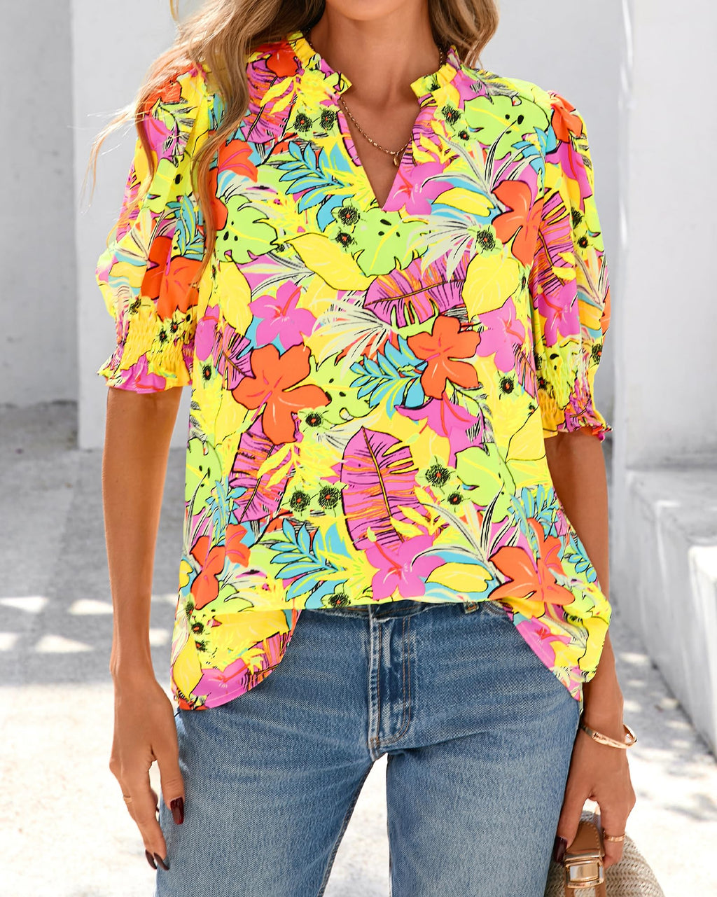 BTFBM Summer Blouses for Women Dressy Casual Fashion Spring Tops Floral Boho V Neck Puff Short Sleeve Top Shirts