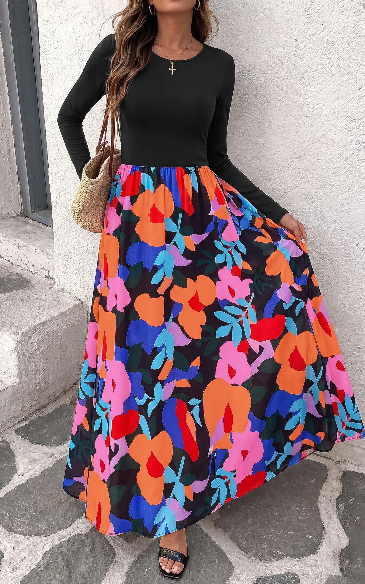 FreshPretty Women's Long Sleeve Boho Floral Flowy Fall Maxi Dress,Wedding Guest Dress,Elegant A Line Swing Bohemian Long Dresses with Pockets,Church Garden Party Resort Cruise Vacation Dress