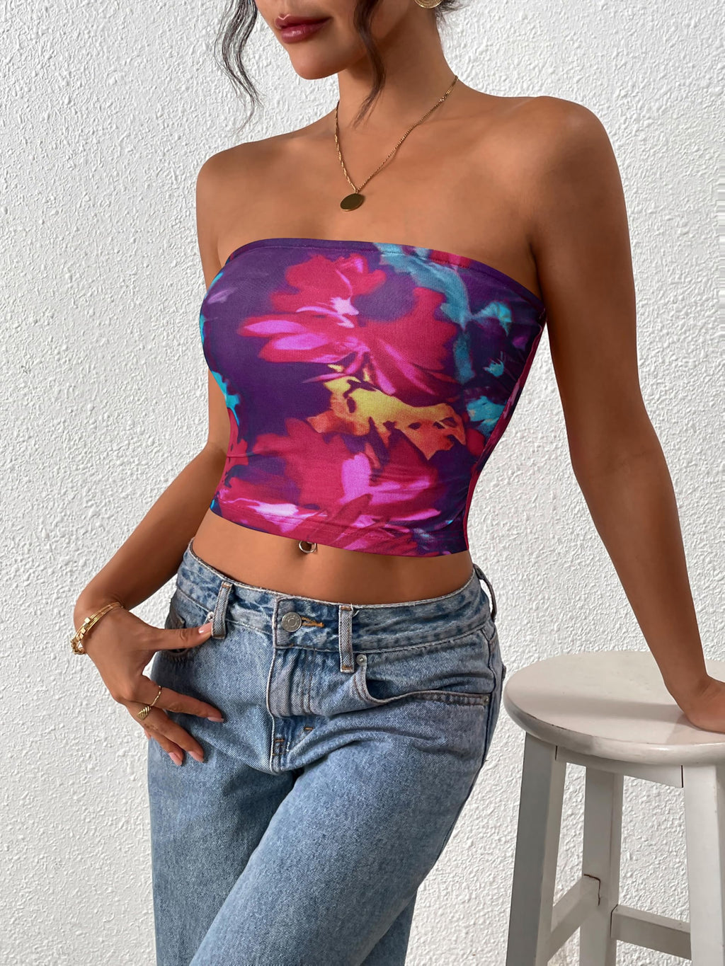 FreshPretty Womens Fashion Summer Floral Mesh Tube Top Ruched Going Out Bandeau Sleeveless Strapless Crop Tops Y2k Clothes