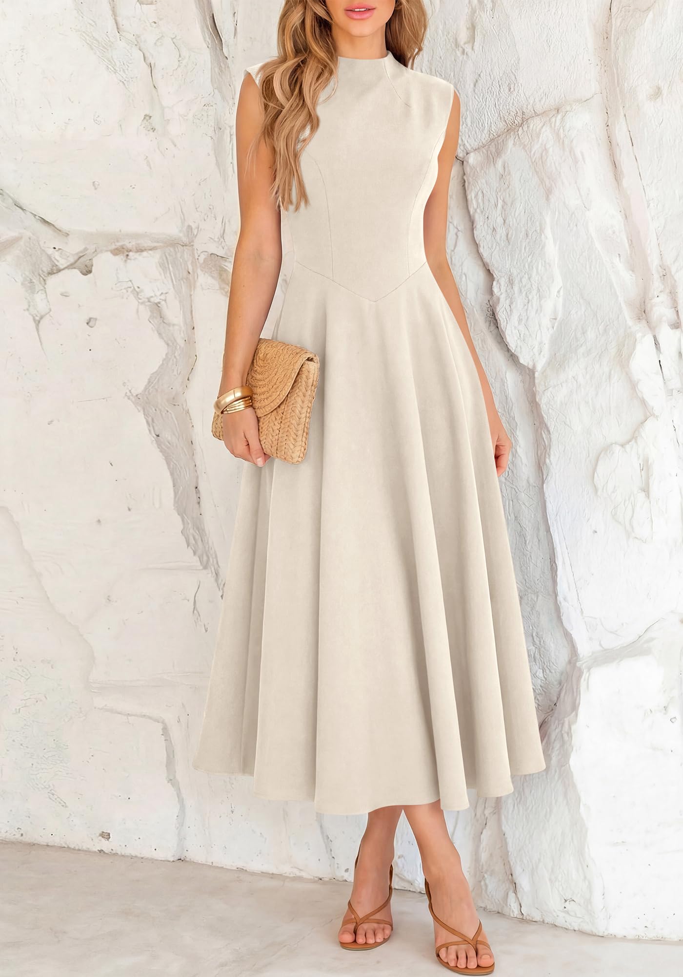 BTFBM Summer Dresses for Women Mock Neck Sleeveless High Waist Flowy Aline Maxi Spring Wedding Guest Dress Cocktail