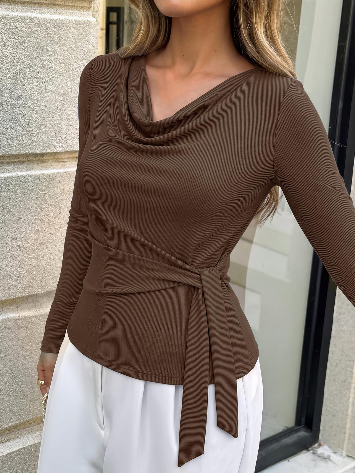 BTFBM Fall Tops for Women Tie Waist Wrap Blouses Business Casual Outfits Slim Fit Cowl Neck Long Sleeve Shirts, Elegant Dressy Blouse, Fashion Clothing, Daily Wear Going Out Office Work Clothes