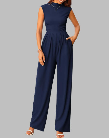 FreshPretty Womens Jumpsuit Dressy Casual Summer Outfits One Piece Cap Sleeve Mock Neck Wide Leg Pants Rompers with Pockets