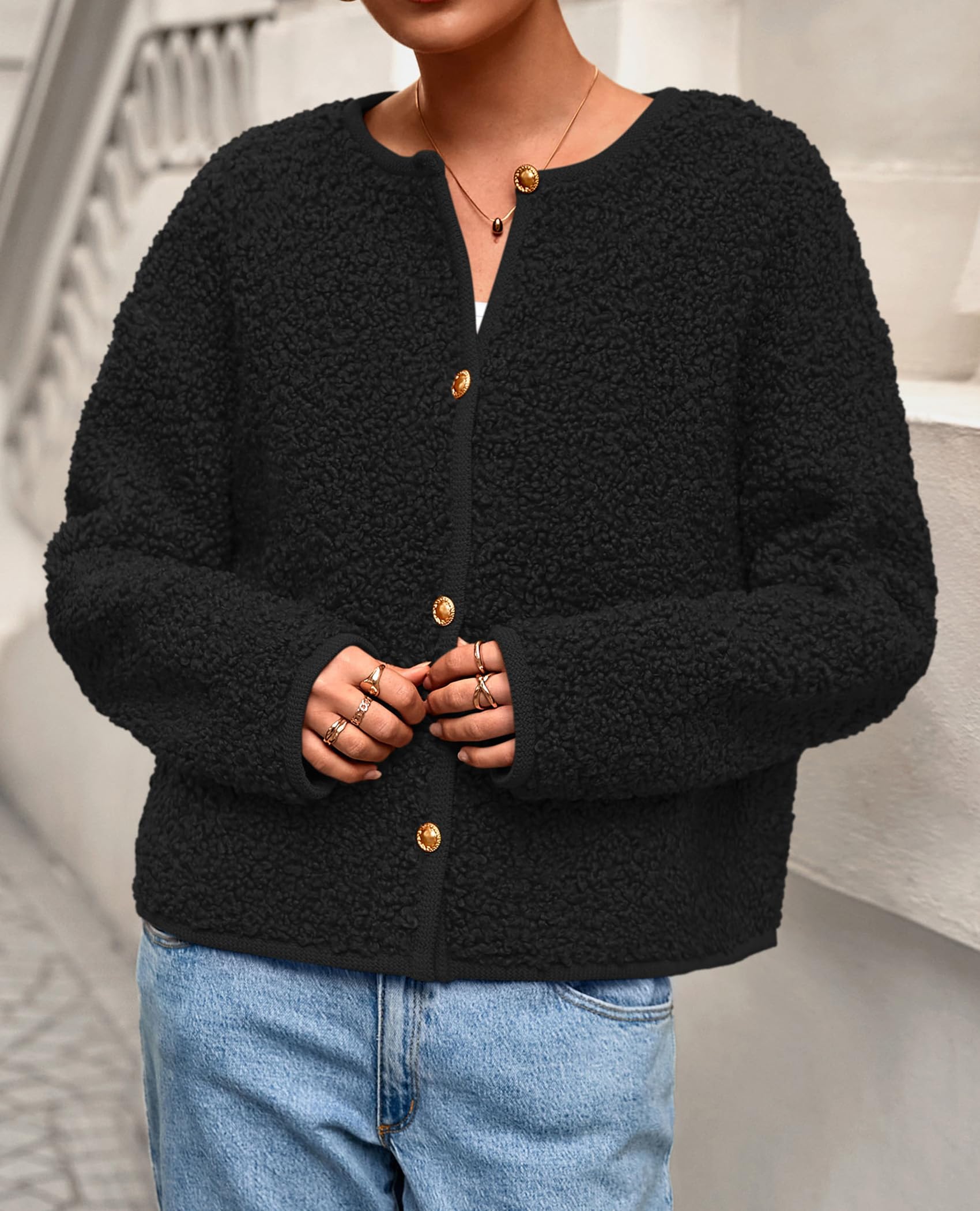 PRETTYGARDEN Women's Fall Fashion Clothes Trendy Fleece Sherpa Cropped Jackets Buttons Warm Casual Winter Faux Fur Coats