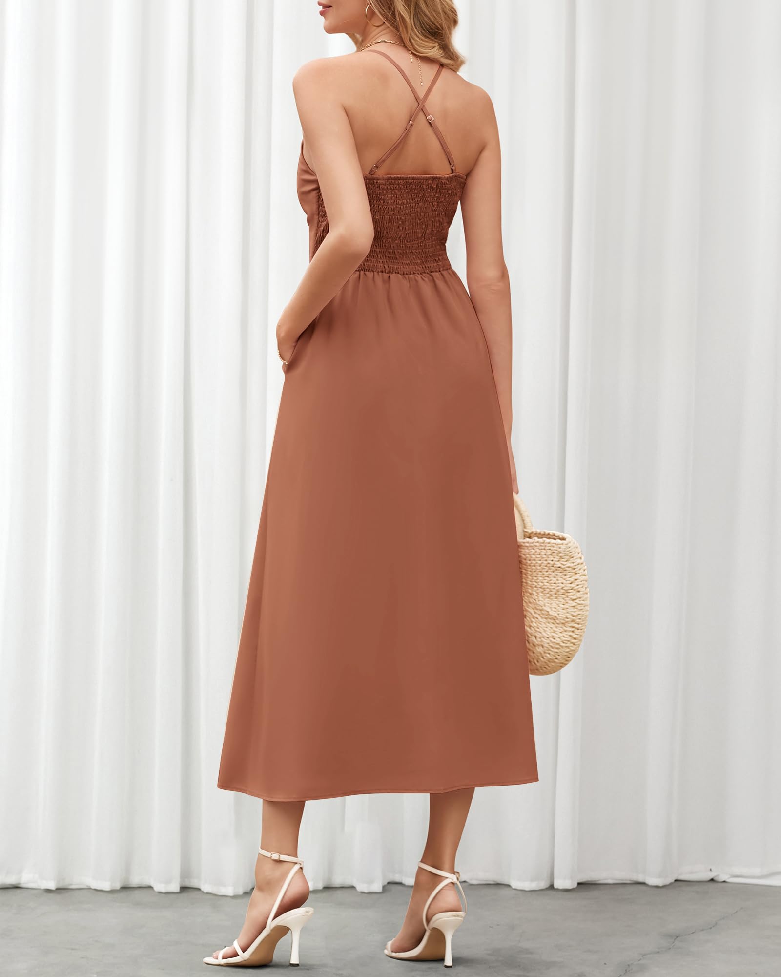 BTFBM Women Spaghetti Strap Midi Summer Dresses Sleeveless V Neck Cutout Slit Casual Beach Party Maxi Dress Pockets