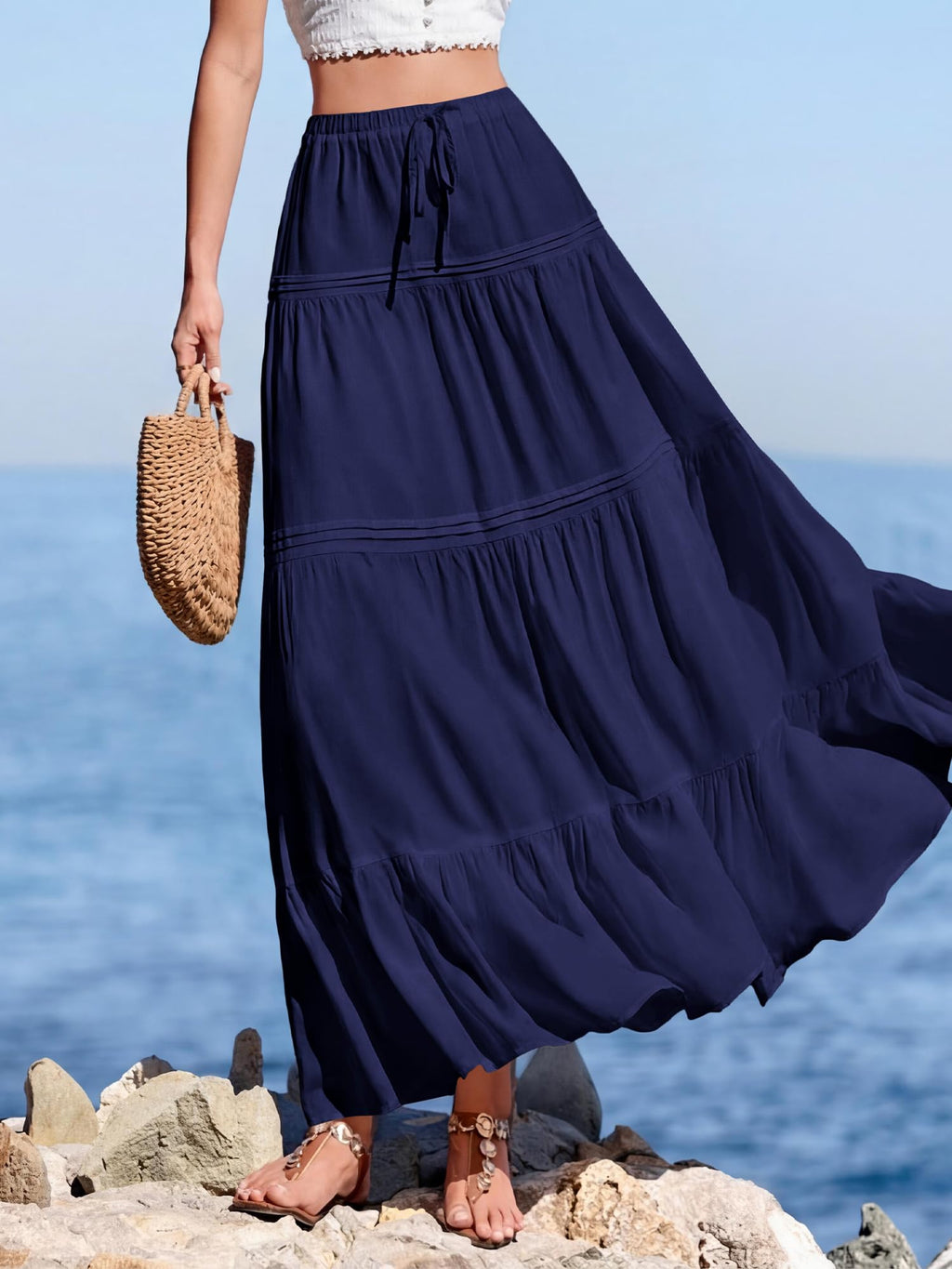 BTFBM Spring Skirts for Women Summer Boho Beach Vacation Clothes Casual Pleated High Waisted Flowy Maxi Skirt