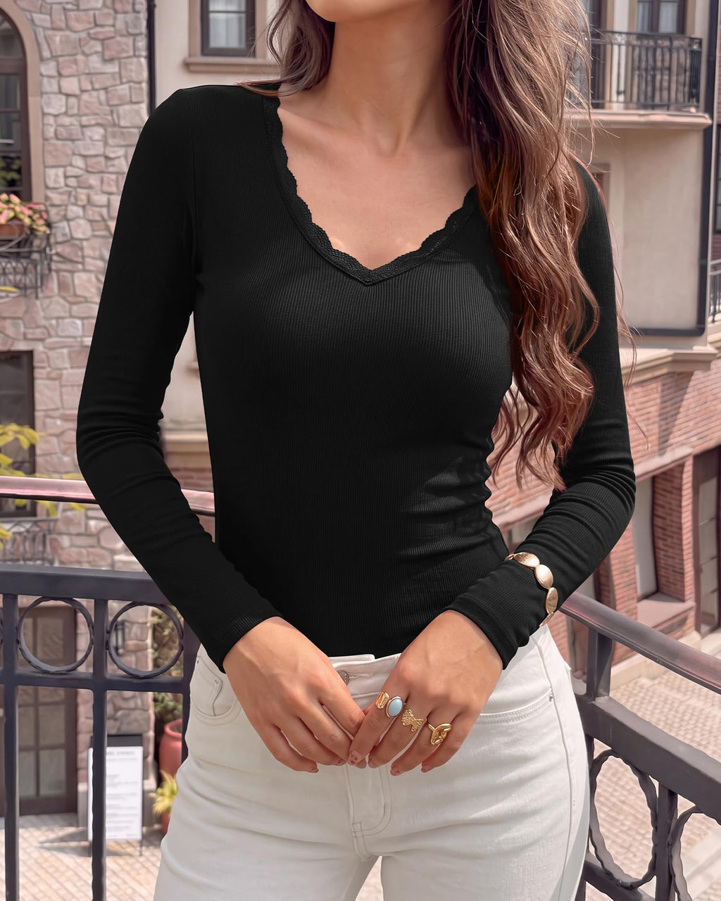 BTFBM Lace Deep V Neck Fitted Long Sleeve Shirts for Women | Womens Fall Fashion, Casual T Shirt, Base Layer, Basic Undershirts, Slim Fit Going Out Tops, Date Night Out Outfits