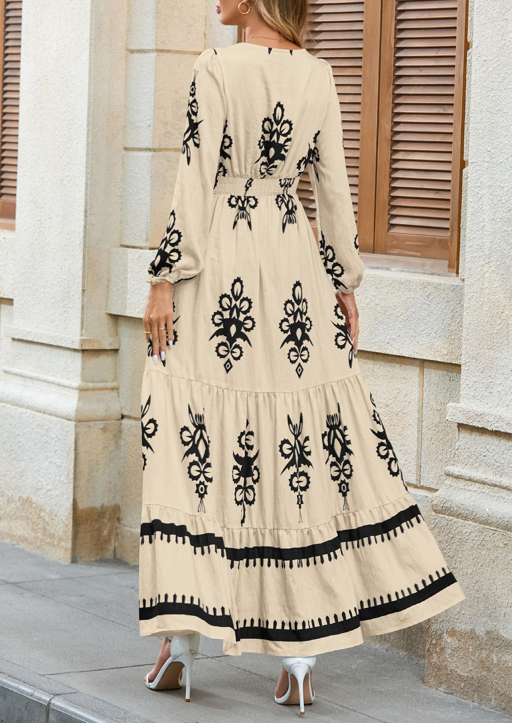 PRETTYGARDEN Women's Fall Wedding Guest Dresses Boho Floral Long Sleeve V Neck Flowy Elegant Maxi Dress Beach Clothes