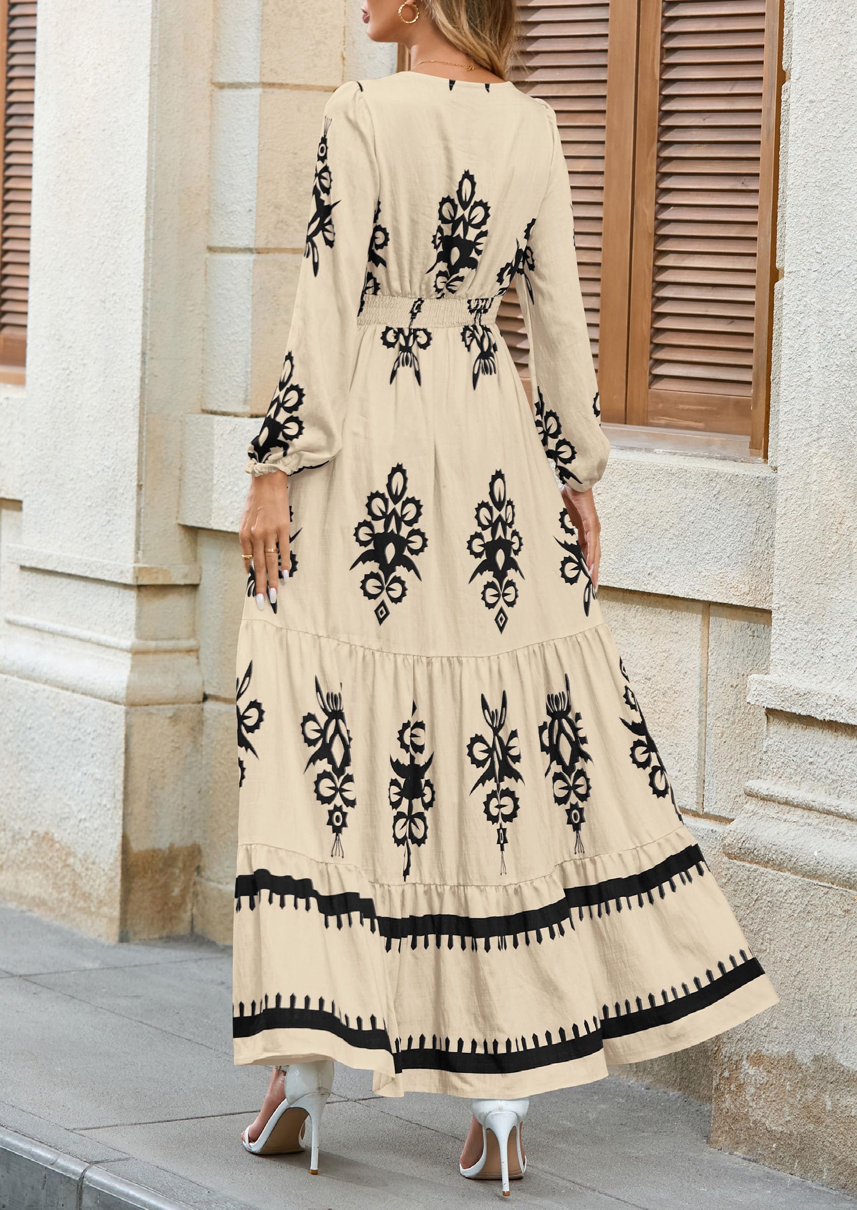 PRETTYGARDEN Women's Fall Wedding Guest Dresses Boho Floral Long Sleeve V Neck Flowy Elegant Maxi Dress Beach Clothes
