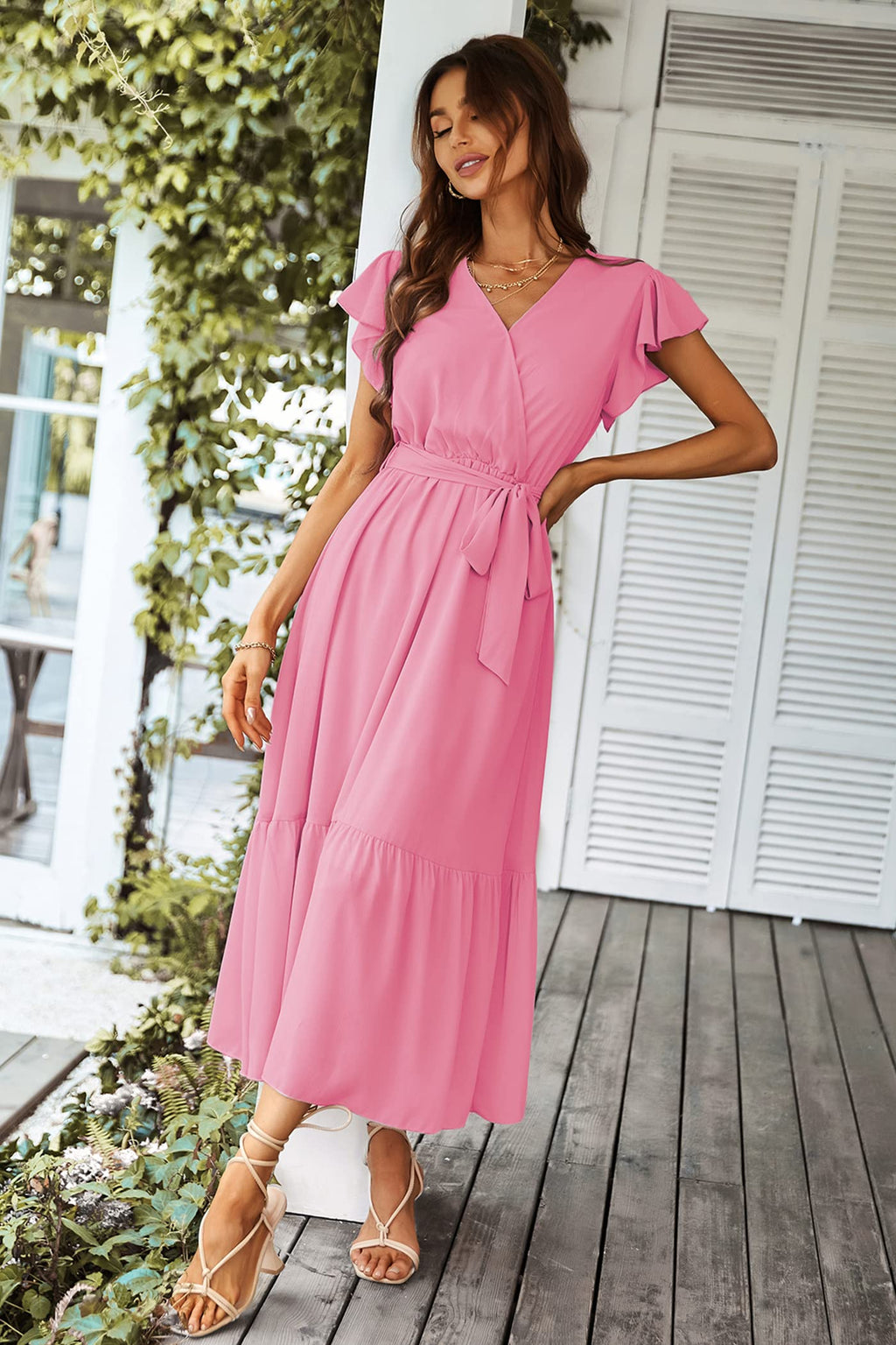 PRETTYGARDEN Women's Summer Floral Boho Maxi Dress Wrap Short Sleeve V Neck Ruffle A-Line Flowy Wedding Guest Long Dresses