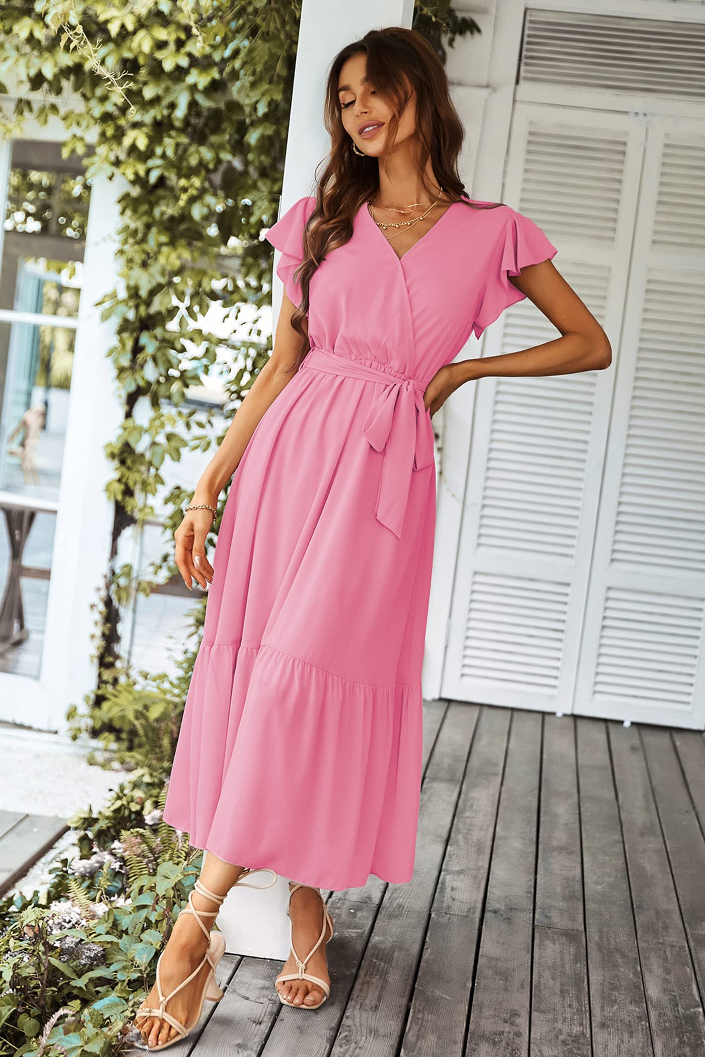 PRETTYGARDEN Women's Summer Floral Boho Maxi Dress Wrap Short Sleeve V Neck Ruffle A-Line Flowy Wedding Guest Long Dresses
