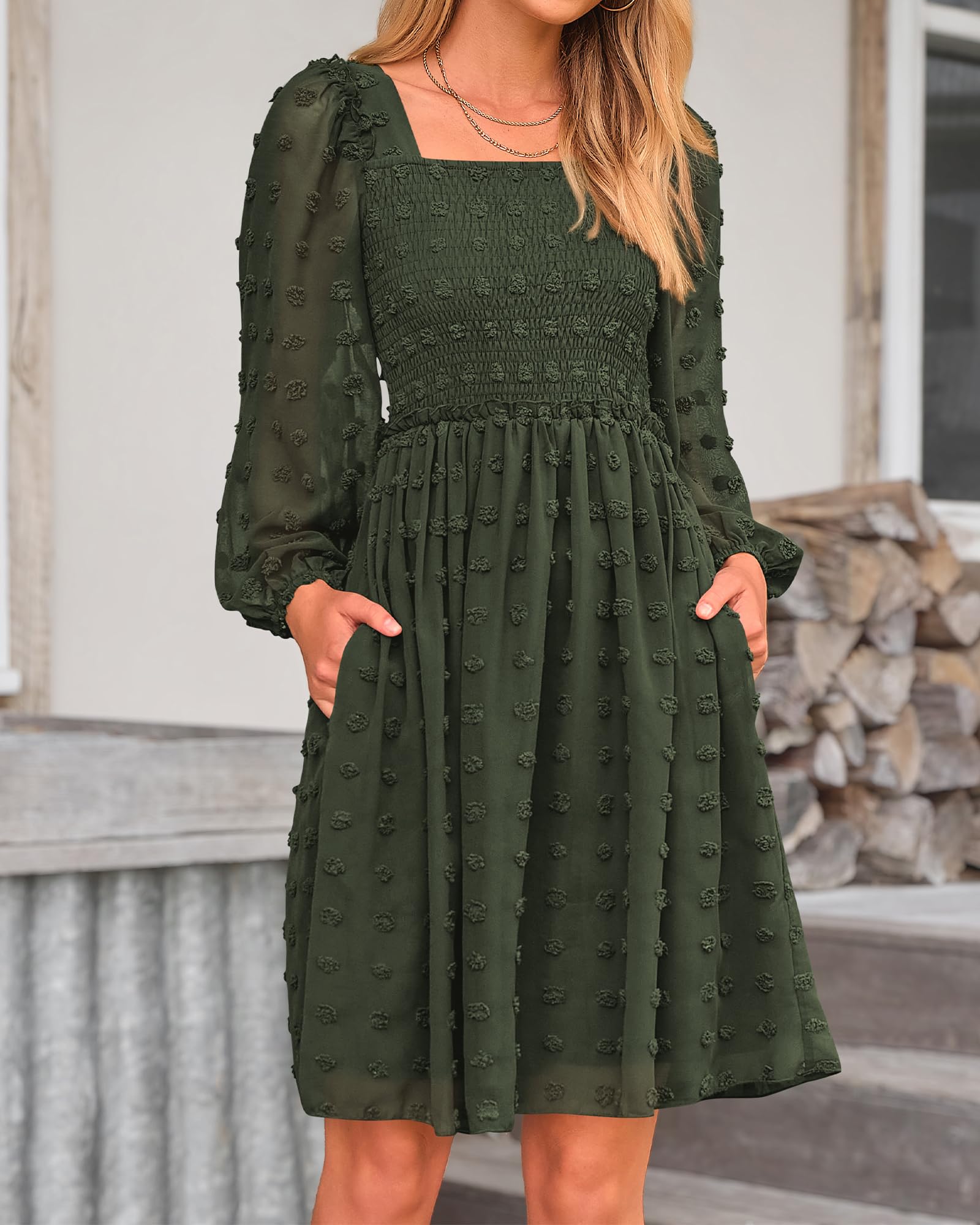 BTFBM Womens Long Sleeve Dress Summer Vacation Square Neck Smocked Floral Mini Boho Spring Wedding Guest Dresses