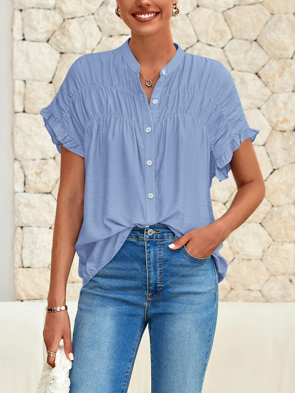 FreshPretty Womens Button Down Shirts Ruffle Short Sleeve Loose Summer Tops Dressy Casual V Neck Business Work Blouses