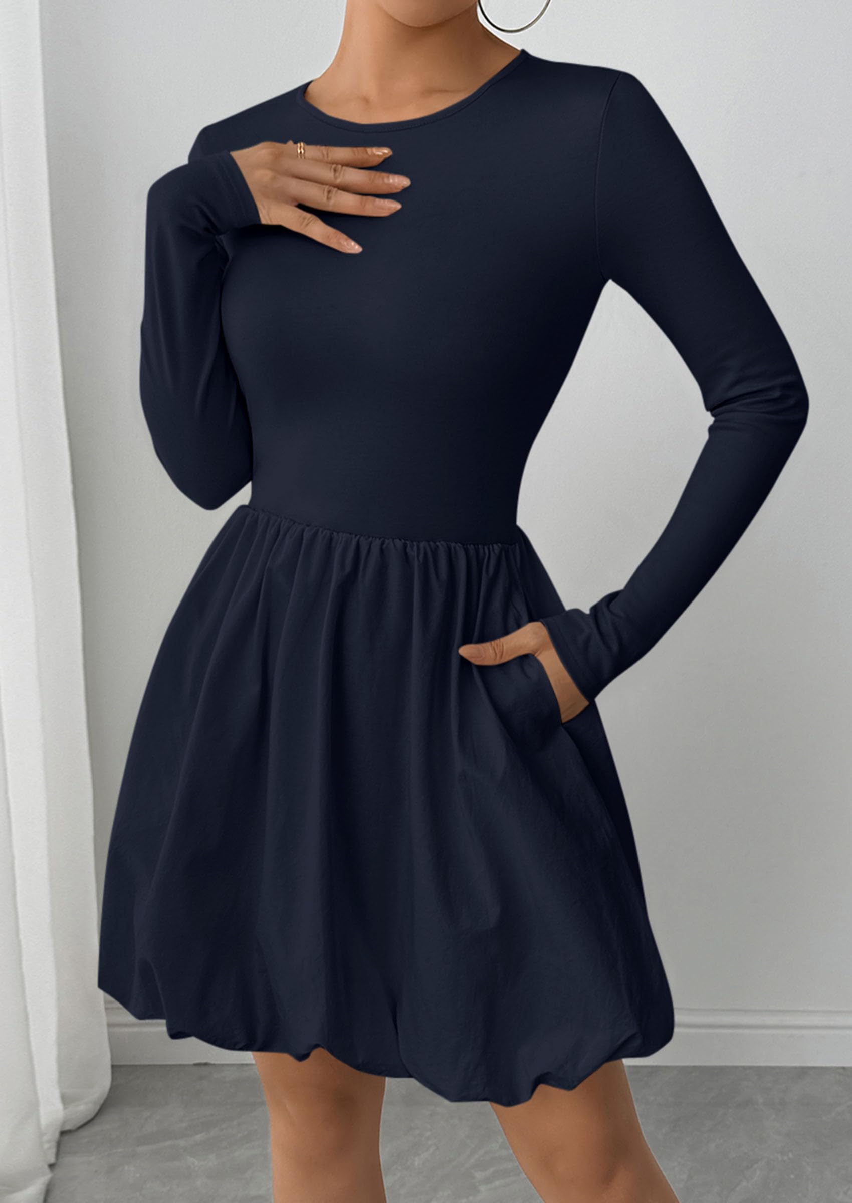PRETTYGARDEN Fall Dresses for Women Casual Long Sleeve Bubble Cute Crew Neck A Line Mini Short Dress with Pockets