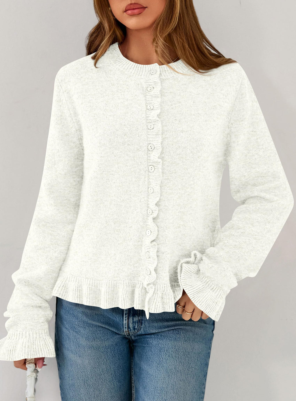 PRETTYGARDEN Womens Fall Button Down Cardigans Chunky Knit Ruffle Open Front Cropped Cardigan Sweaters Soft Long Sleeve Tops