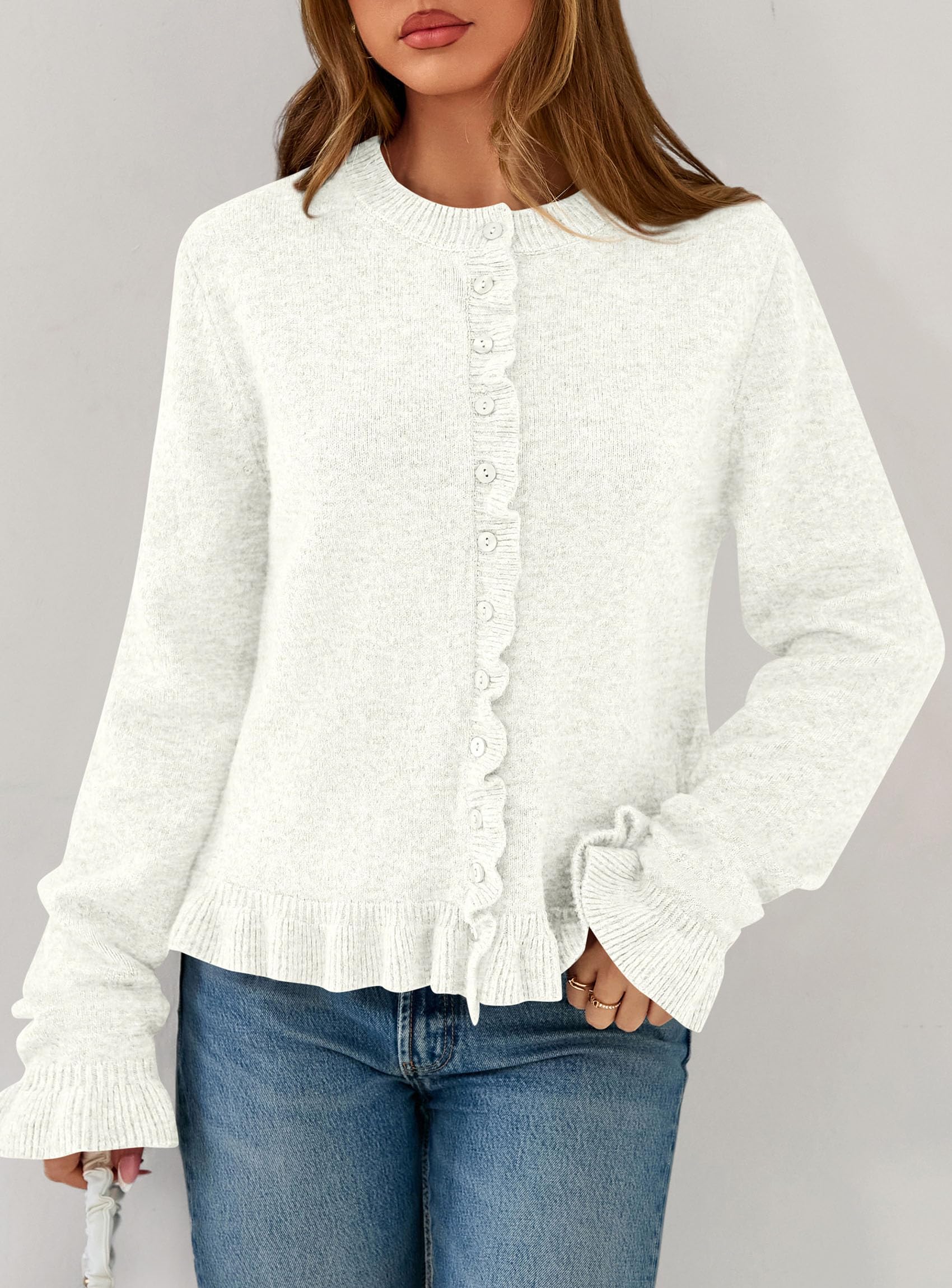 PRETTYGARDEN Womens Fall Button Down Cardigans Chunky Knit Ruffle Open Front Cropped Cardigan Sweaters Soft Long Sleeve Tops