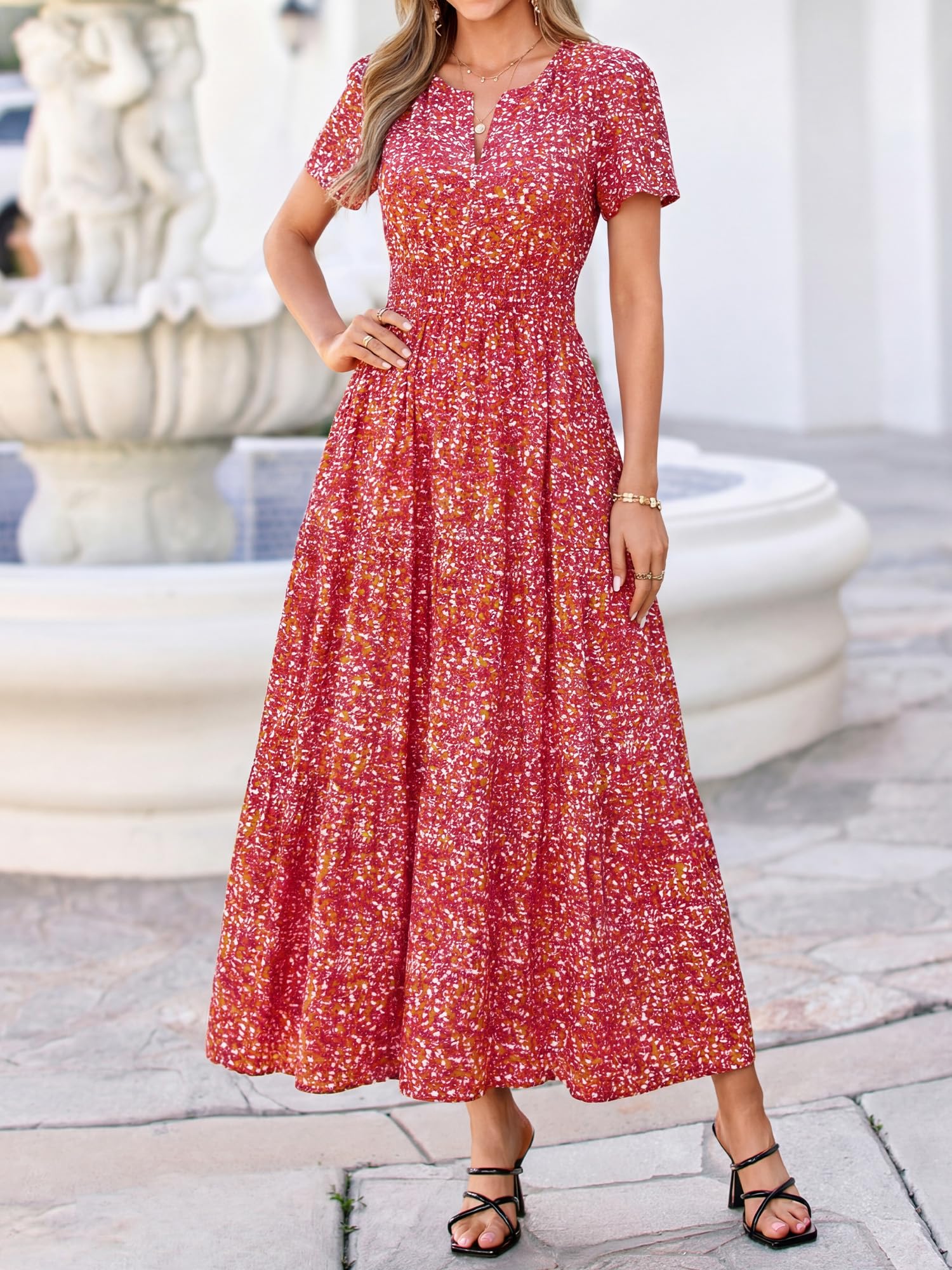 BTFBM Womens Summer Floral Maxi Dresses V Neck Short Sleeve Boho Casual Flowy Long Wedding Guest Dress Beach Vacation