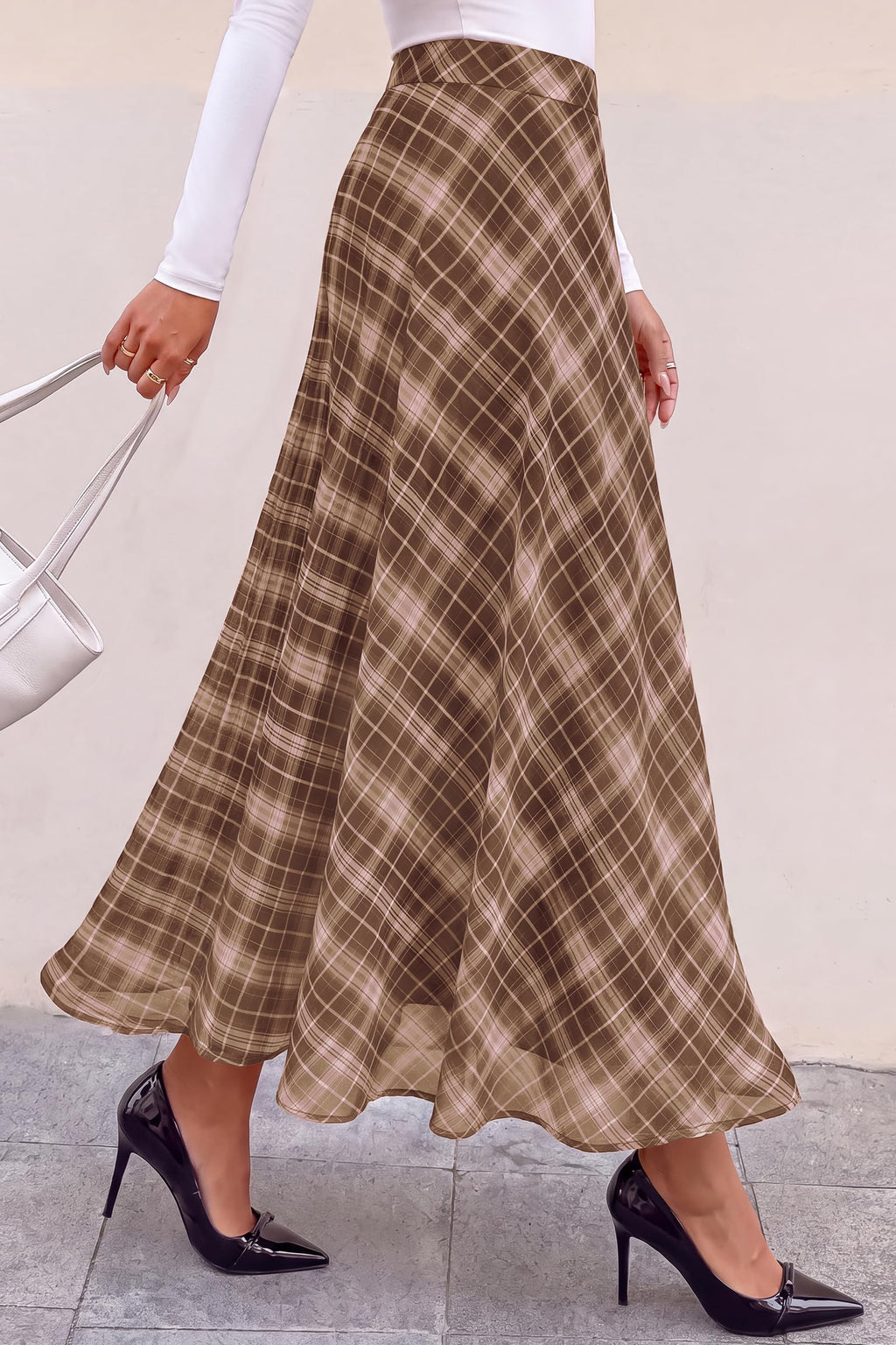 FreshPretty Casual A-Line Plaid Maxi Skirts for Women Trendy Fall Fashion Lightweight Chiffon Gingham Elastic Waist Long Skirt,Cute Winter Clothing,Spring Flowy Beach Vacation Clothes