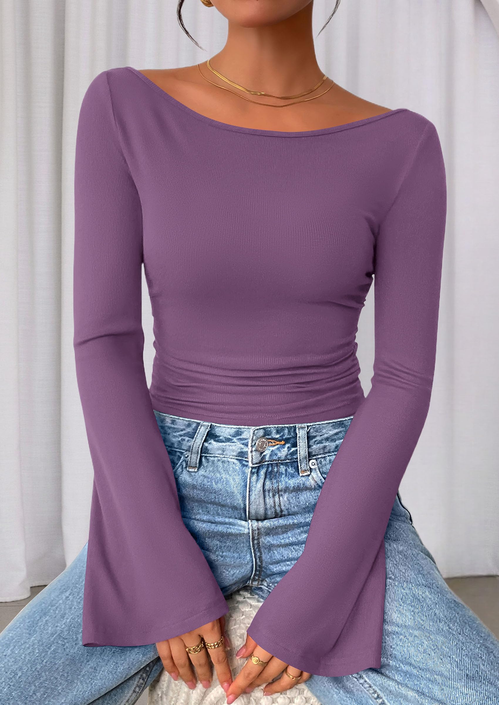 PRETTYGARDEN Women's Long Sleeve Shirts Fall Crop Going Out Tops Casual Boat Neck Bell Sleeve Ribbed Ruched Y2K Clothes