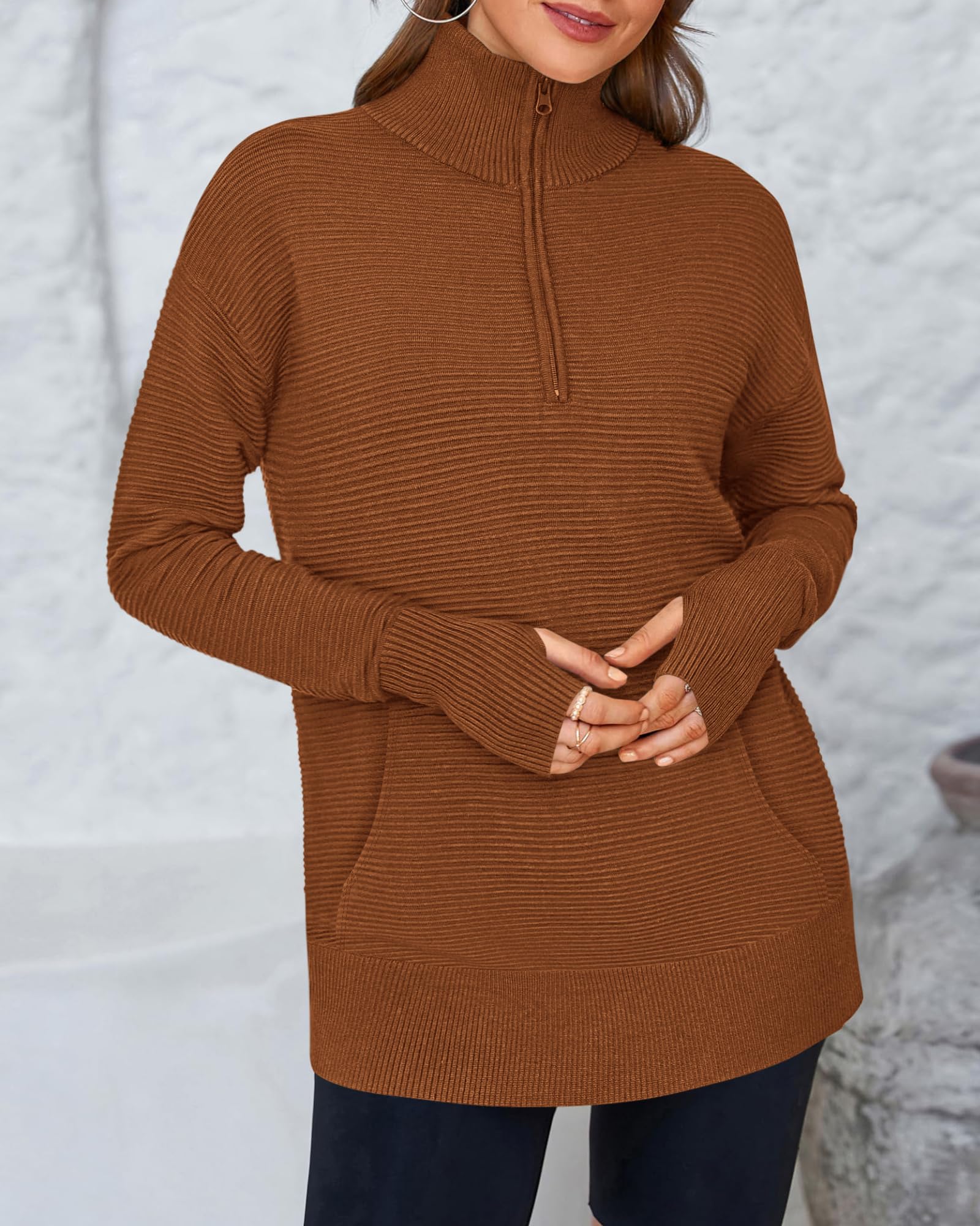 BTFBM Sweaters for Women Fall Clothes Pocket Quarter Zip Pullover V Neck Long Sleeve Knit Trendy Winter Sweater