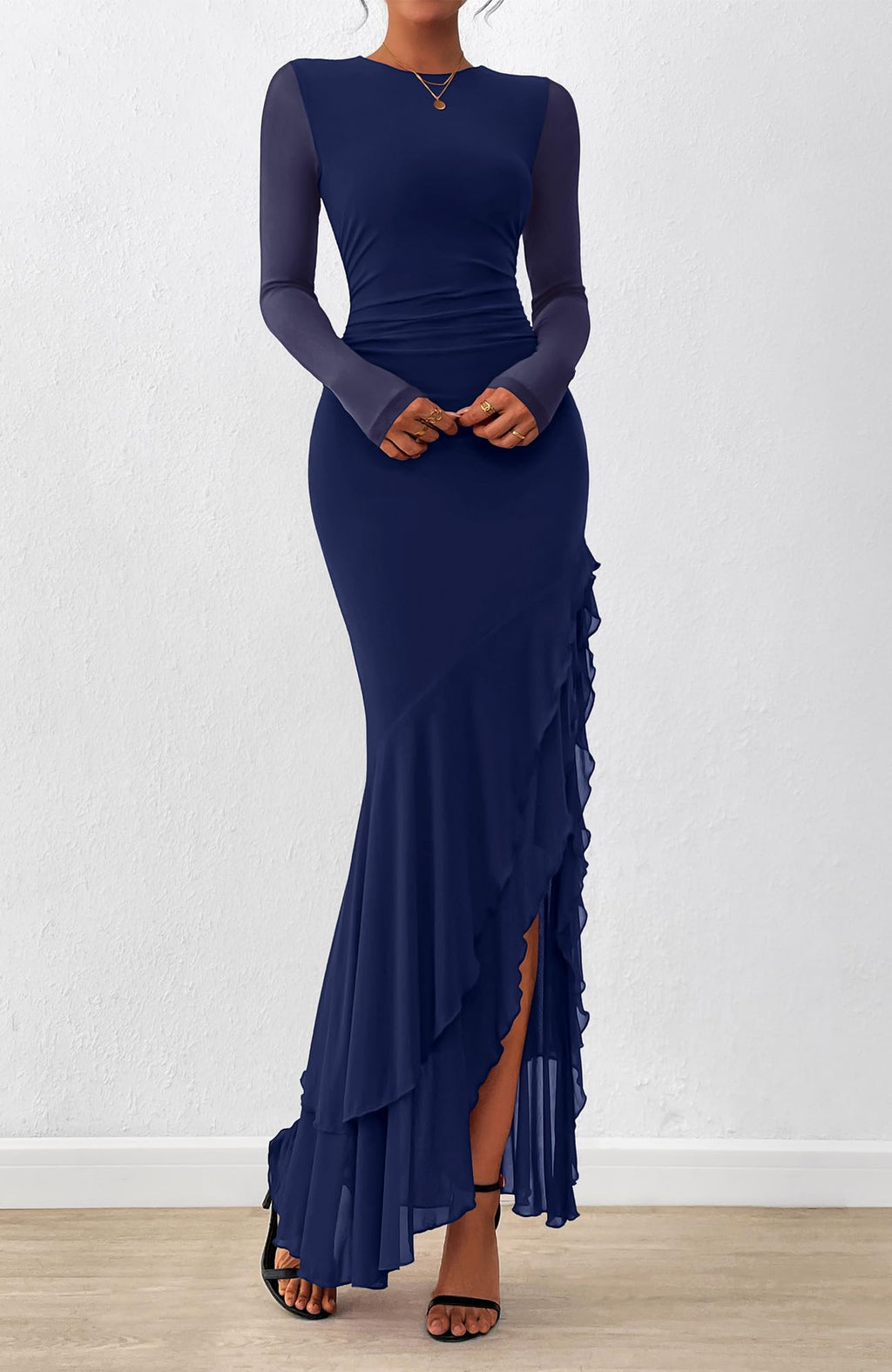 BTFBM Women's Maxi Dresses Fall Long Sleeve Wedding Guest Dress Mesh,Ruched,Bodycon,High Split,Solid Color,Ruffle, Mermaid,Cocktail Dresses,Prom,Party,Homecoming Dress,Fall Outfits