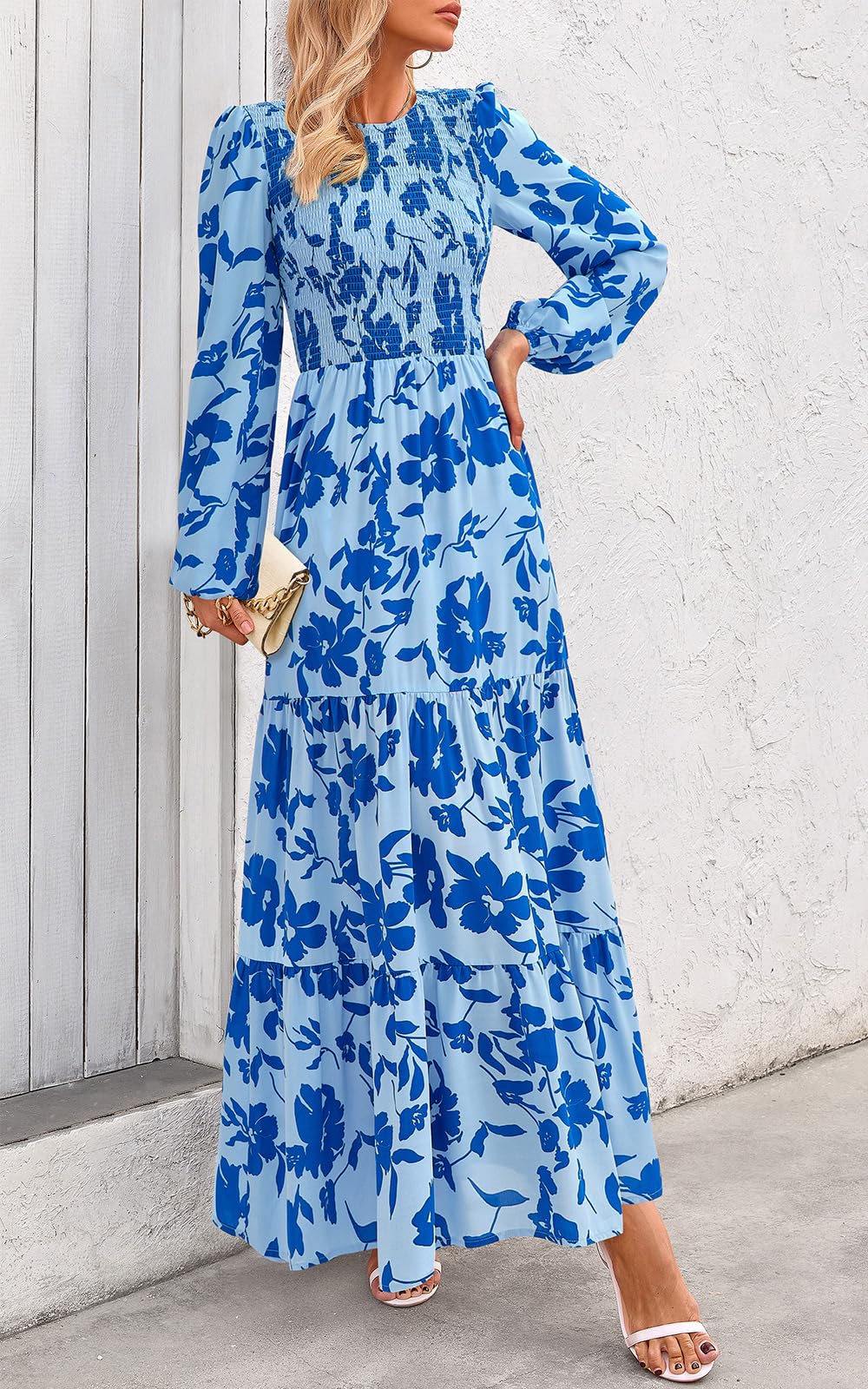 PRETTYGARDEN Women's Fall Dresses Long Sleeve Flowy Casual Floral Maxi Dress Crew Neck Smocked Tiered Long Dress