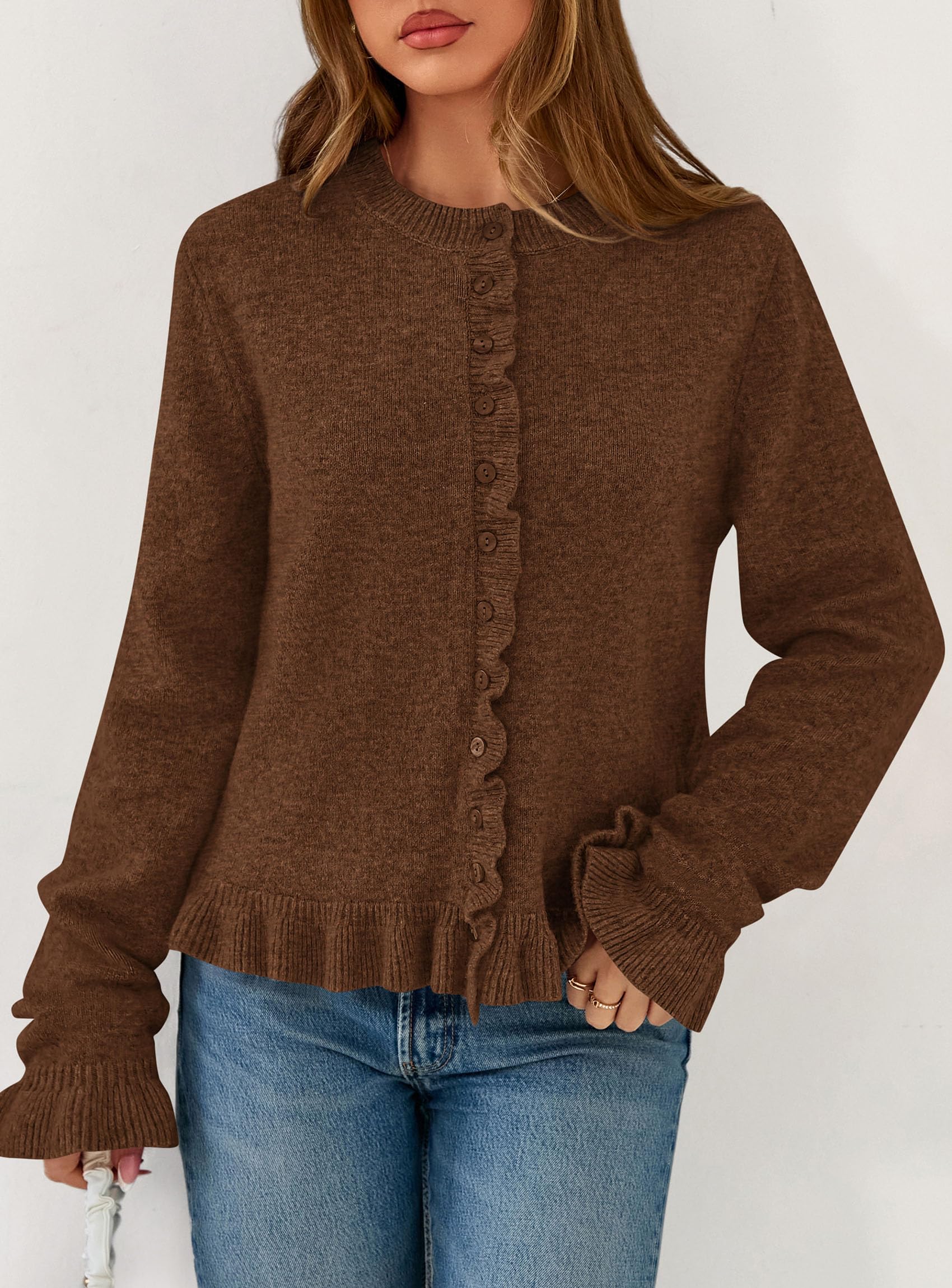 PRETTYGARDEN Womens Fall Button Down Cardigans Chunky Knit Ruffle Open Front Cropped Cardigan Sweaters Soft Long Sleeve Tops