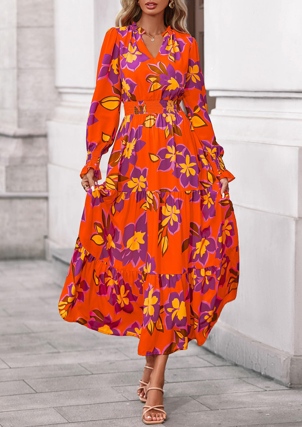 PRETTYGARDEN Women's Floral Maxi Dress Fall Long Sleeve V Neck Casual A Line Long Flowy Boho Party Dresses