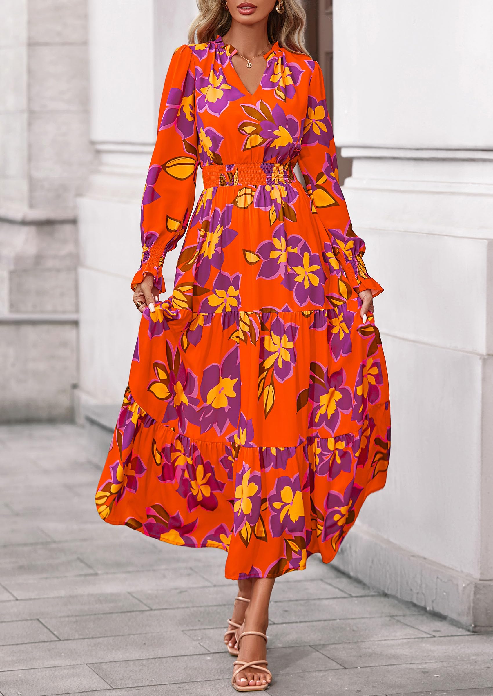 PRETTYGARDEN Women's Floral Maxi Dress Fall Long Sleeve V Neck Casual A Line Long Flowy Boho Party Dresses