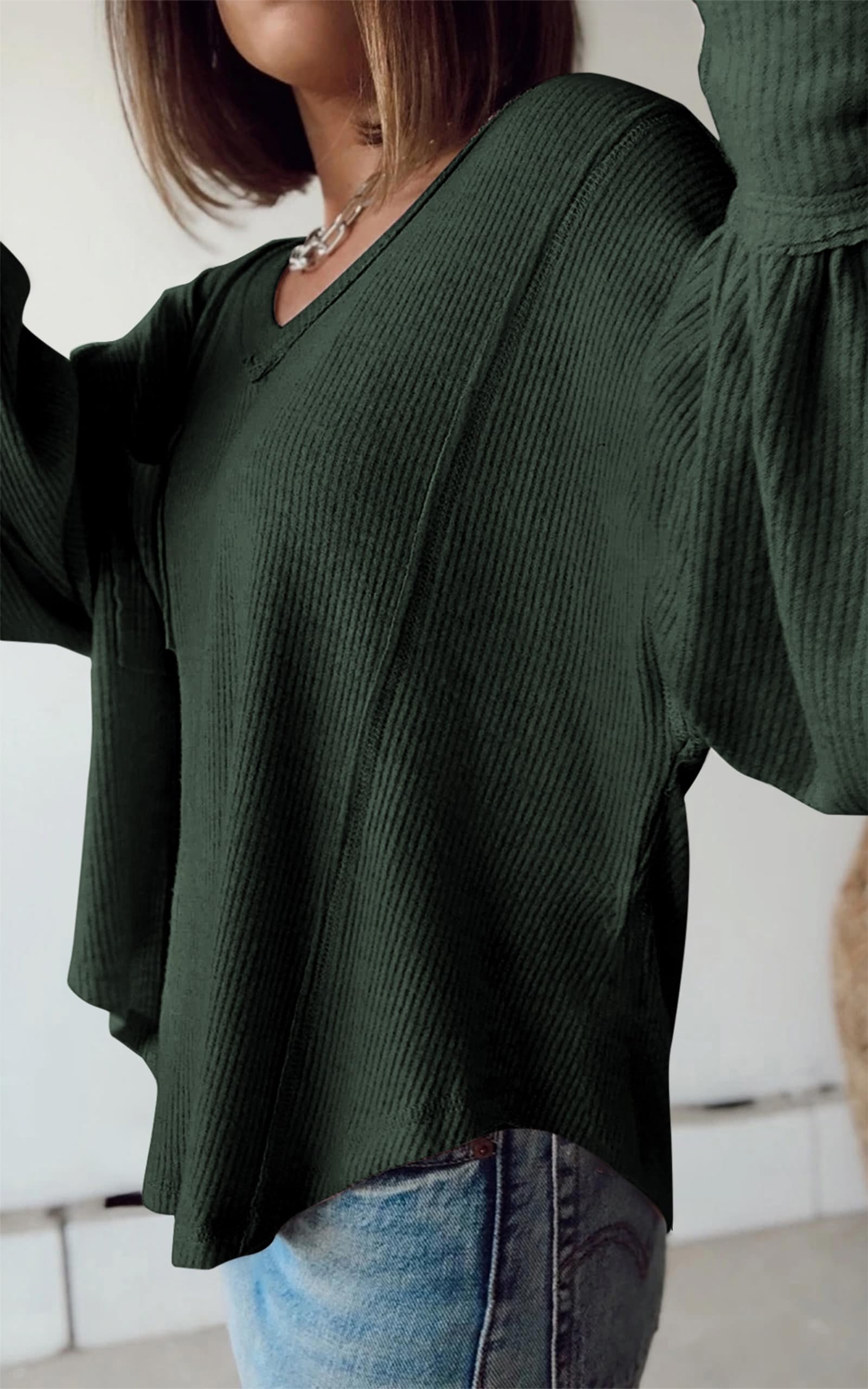 FreshPretty Womens Fall Fashion Long Sleeve Shirts Casual V Neck Ribbed Knit Blouses Pullover Trendy Loose Fit Tunic Tops