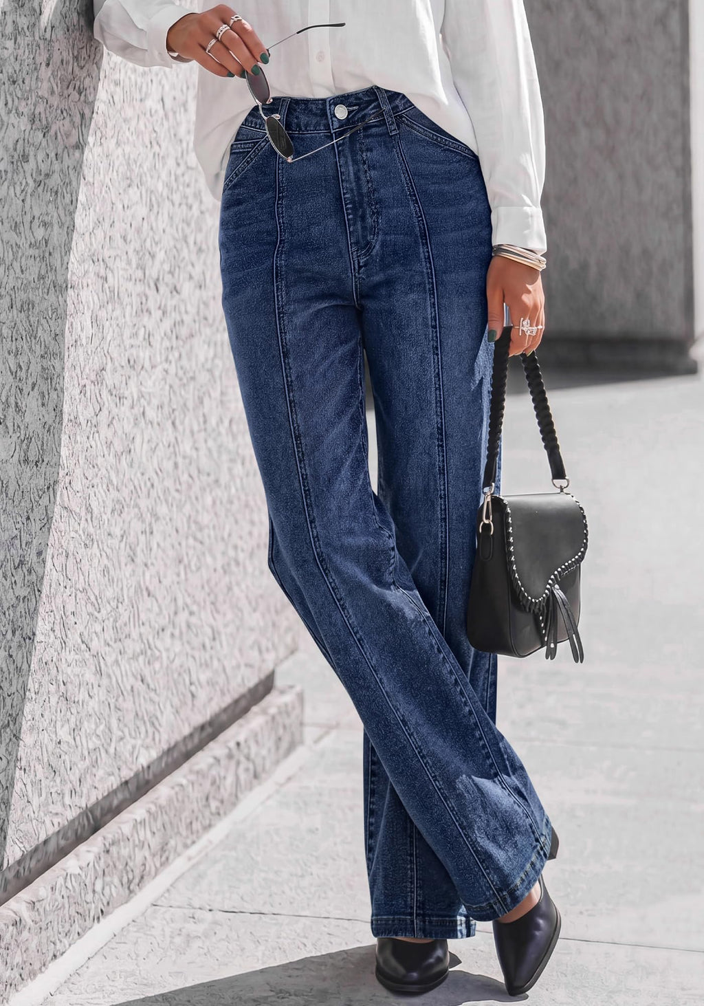 BTFBM Front Seam Stretchy Wide Straight Leg Jeans for Women Trendy Boyfriend Baggy Denim Jeans, High Waisted Palazzo Pants, 5-Pocket, Relaxed Fit, Full Length, Casual Bottoms, Fall Outfits
