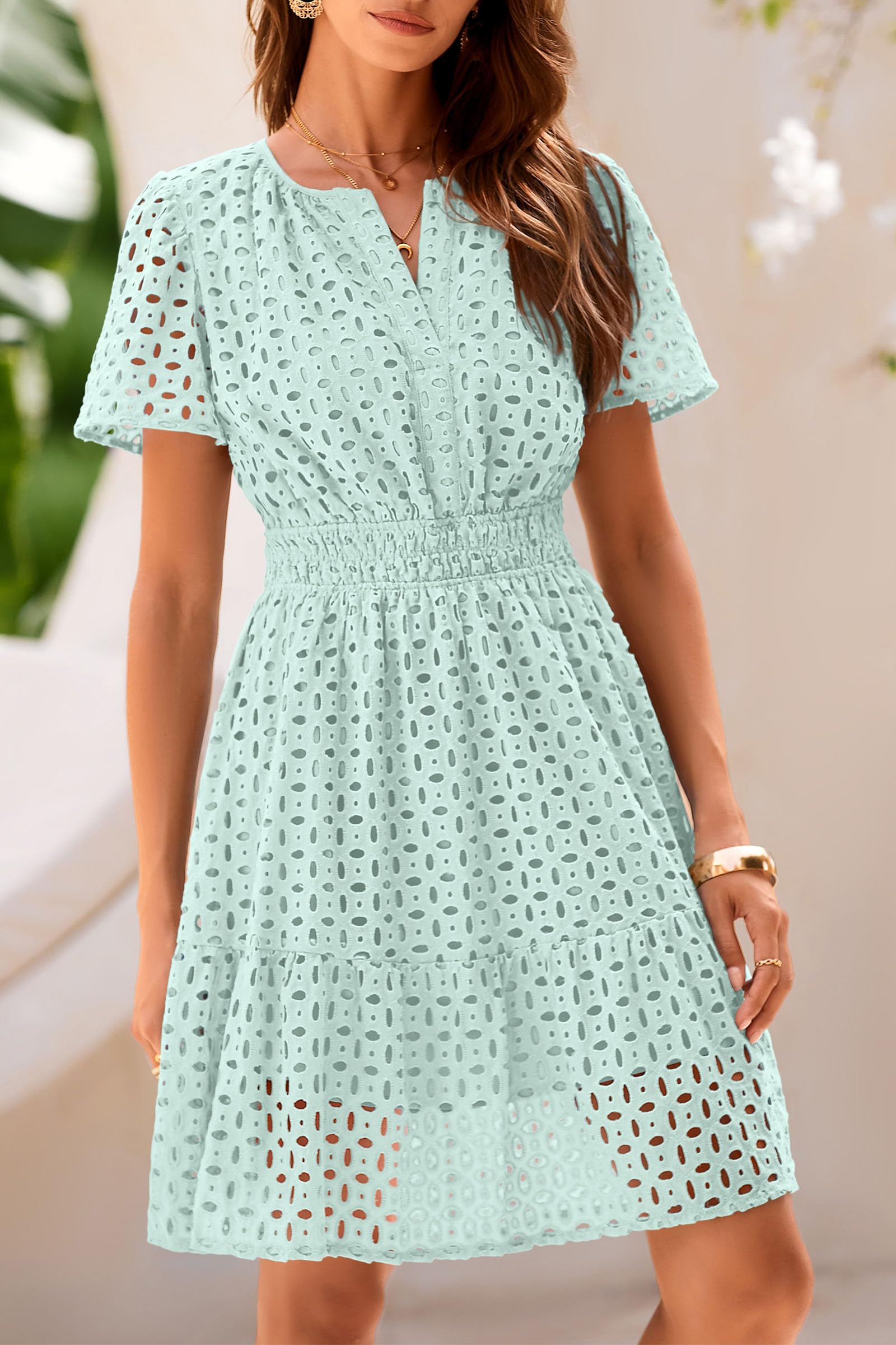 PRETTYGARDEN Womens Summer Short Dress V Neck Short Sleeve A Line Hollow Out Lace Ruffle Cute Casual Beach Party Dresses