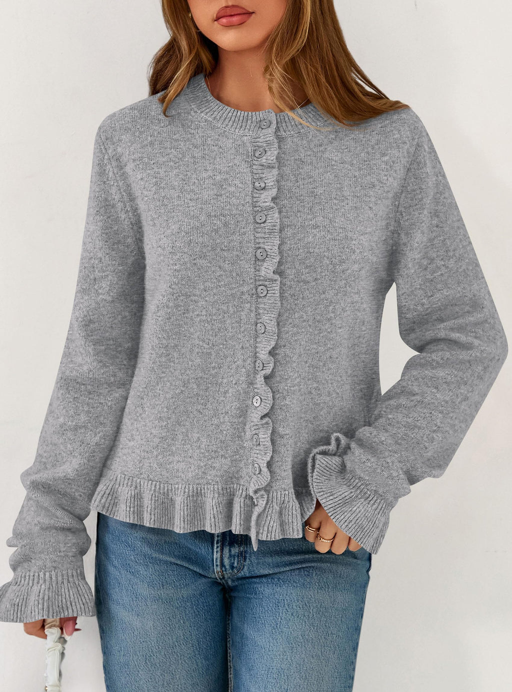 PRETTYGARDEN Womens Fall Button Down Cardigans Chunky Knit Ruffle Open Front Cropped Cardigan Sweaters Soft Long Sleeve Tops