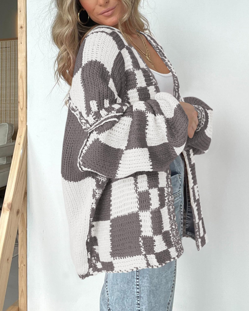 BTFBM Casual Cardigan Sweater for Women Fall Long Sleeve Sweaters Fall Outfits, Loose Fit,Solid,Open Front Chunky Knit Sweaters,Chunky Cardigan Sweaters For Women,Checkered Outwear Coat