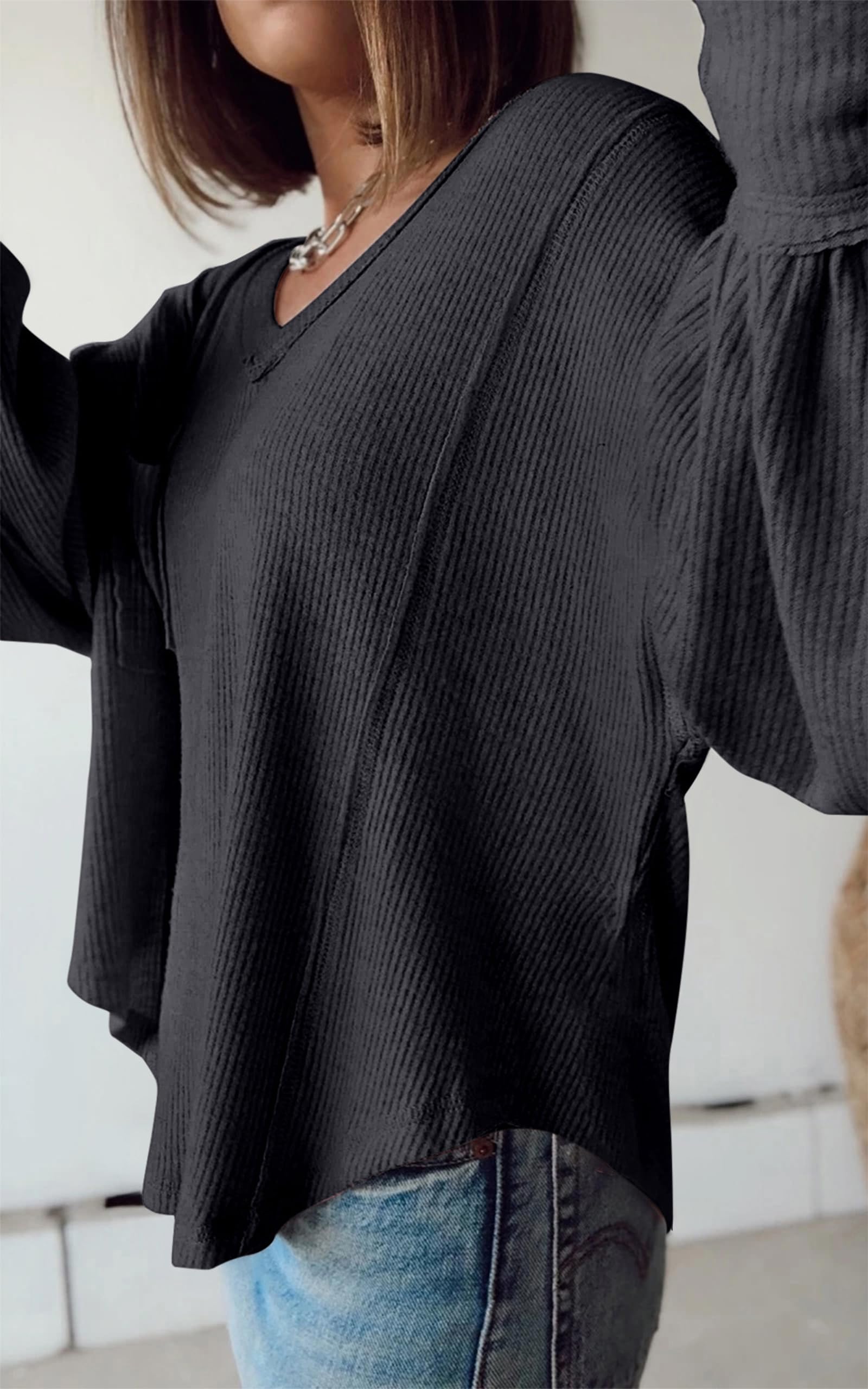 FreshPretty Womens Fall Fashion Long Sleeve Shirts Casual V Neck Ribbed Knit Blouses Pullover Trendy Loose Fit Tunic Tops