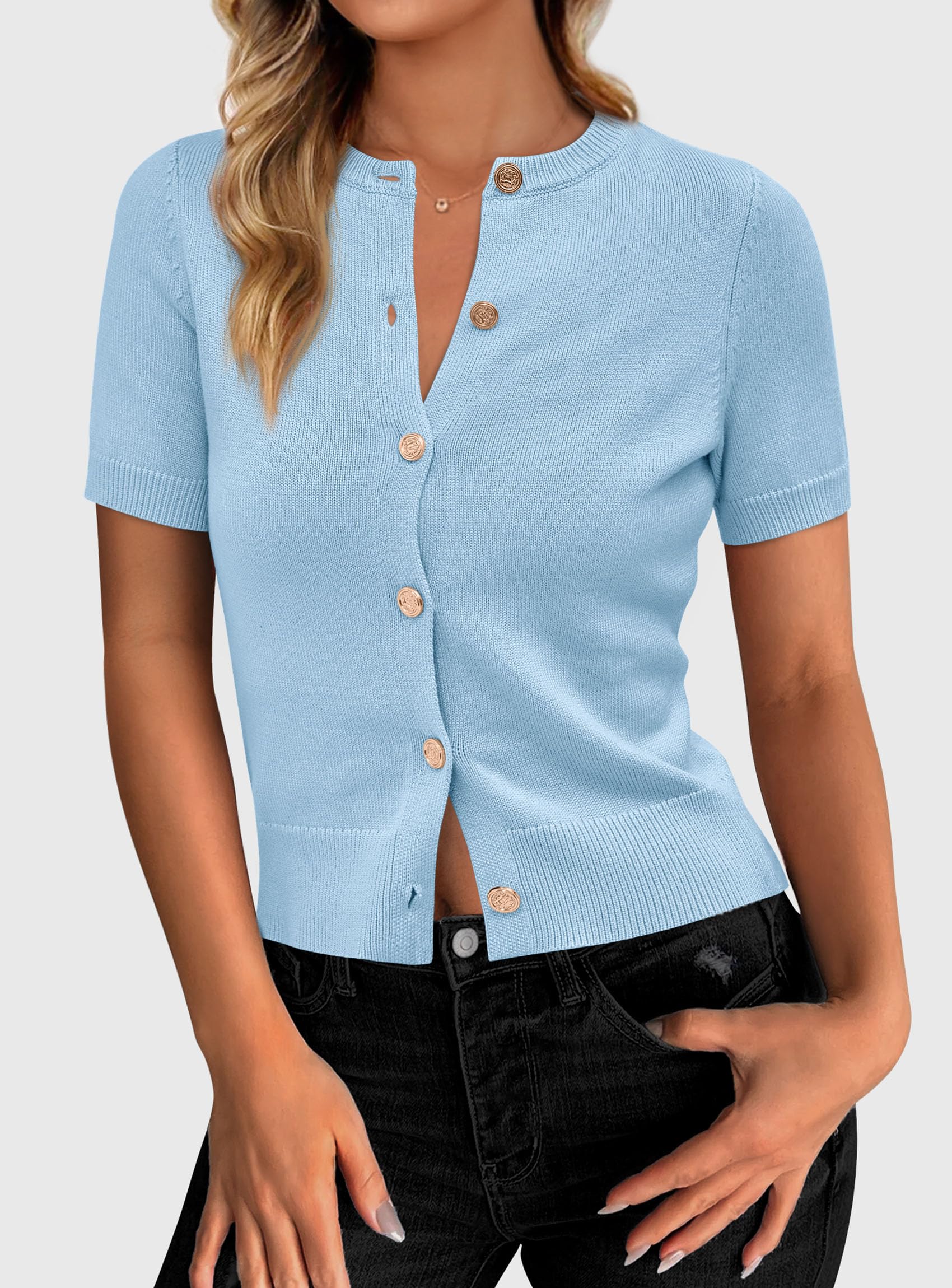 PRETTYGARDEN Womens Casual Summer Short Sleeve Cardigans Button Down Knitted Sweater Basic Crew Neck Crop Tops