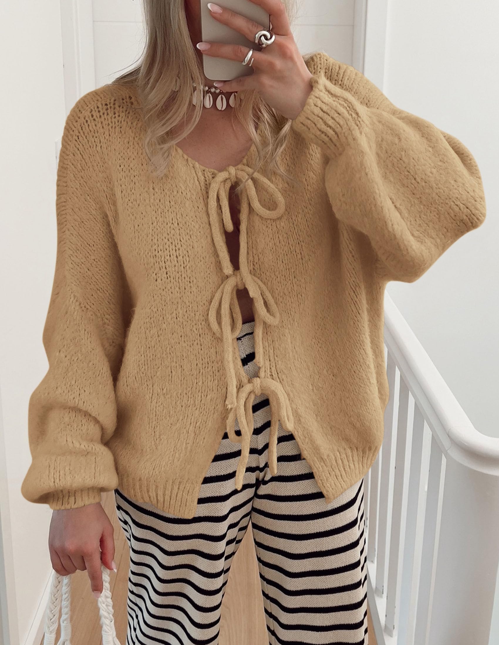 PRETTYGARDEN Women's Tie Front Bow Cardigan Sweaters Chunky Knit Long Puff Sleeve Trendy Fall Winter Jacket Coat