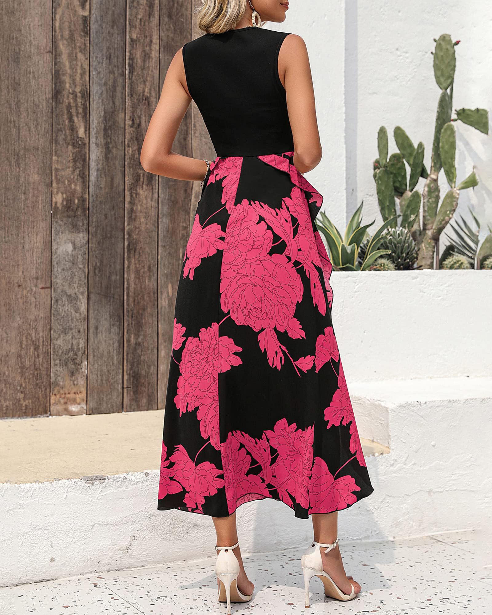 FreshPretty Women Casual Sleeveless Summer Dresses Spring Crewneck Patchwork Boho Floral Ruffle Cocktail Party Midi Dress