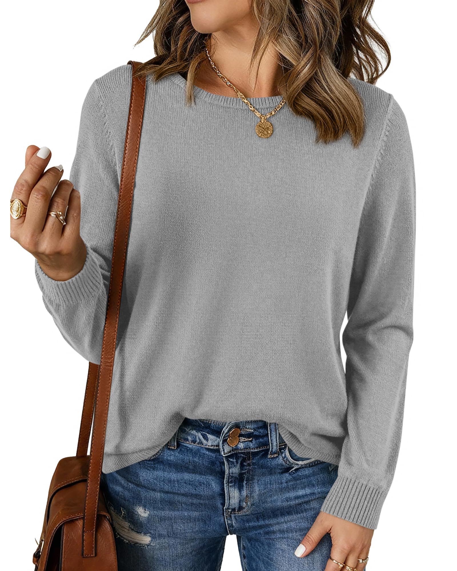 BTFBM Womens Long Sleeve Crew Neck Sweaters Spring Casual Classic Soft Loose Fit Basic Pullover Jumper Knit Top